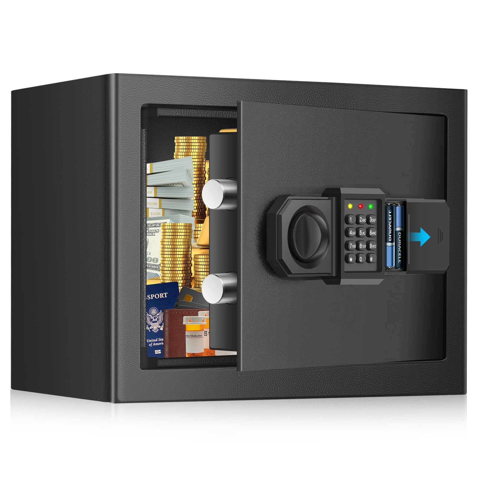 Cassaforte da 15 l, per casa, cassaforte ignifuga con chiave di ricambio, ripiano rimovibile e sistema di allarme, piccola cassaforte digitale con serratura a combinazione per contanti, documenti