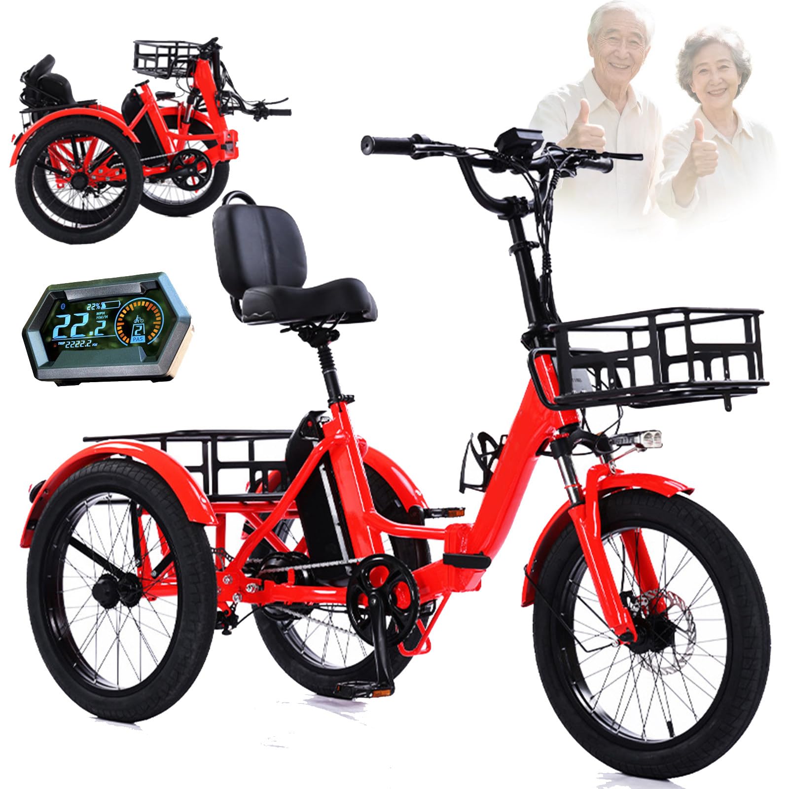 Triciclo elettrico pieghevole da 20 pollici per adulti e anziani, con cestino anteriore e posteriore, schermo LCD, batteria da 48 V 13 Ah, autonomia di 45 km e portata massima di 200 kg.