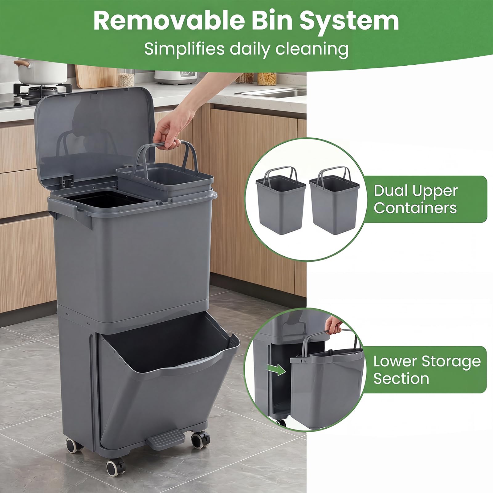 LIFEZEAL Poubelle de Cuisine 36L, Poubelle de Tri Sélectif 2 Niveaux, Pédale, Bac Inclinable, Plastique, Gris