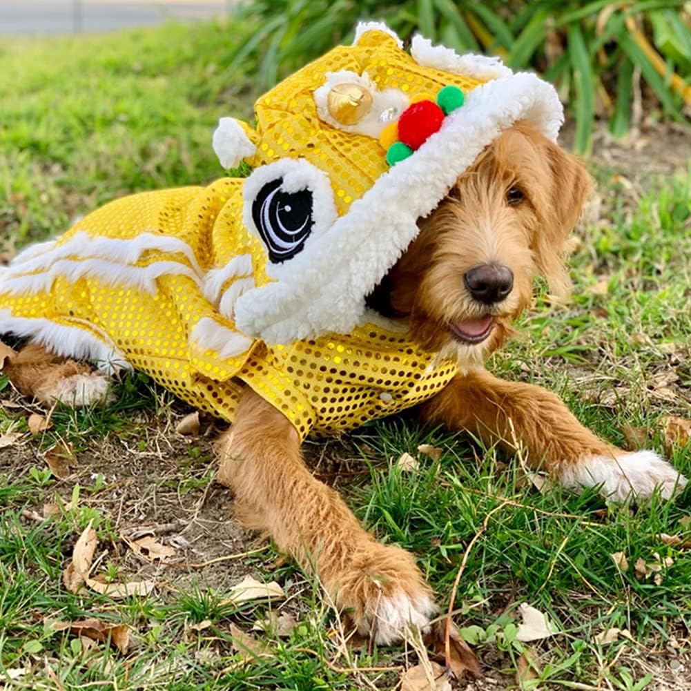 NACOCO Cute Dance Lion Pet Costume with Yellow Sequins New Year Cat Dog Clothes Hoodies Coat for Small Meduim Large Dogs (Yellow, 24)