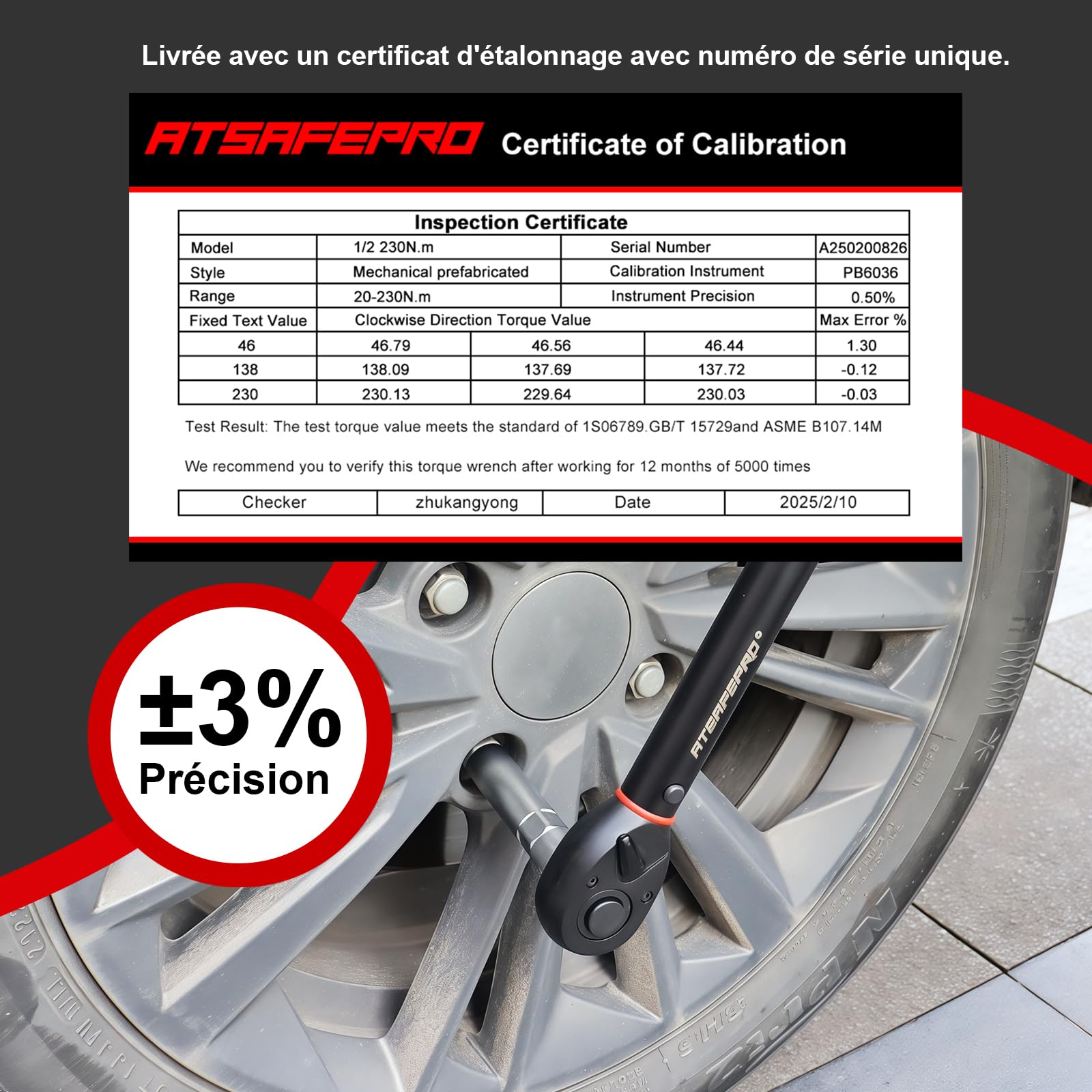 ATsafepro Clé Dynamométrique 1/2" 20-230 Nm Avec Adaptateur 1/2" Vers 3/8", Précision ±3%, Pour Voiture, Moto, Camion