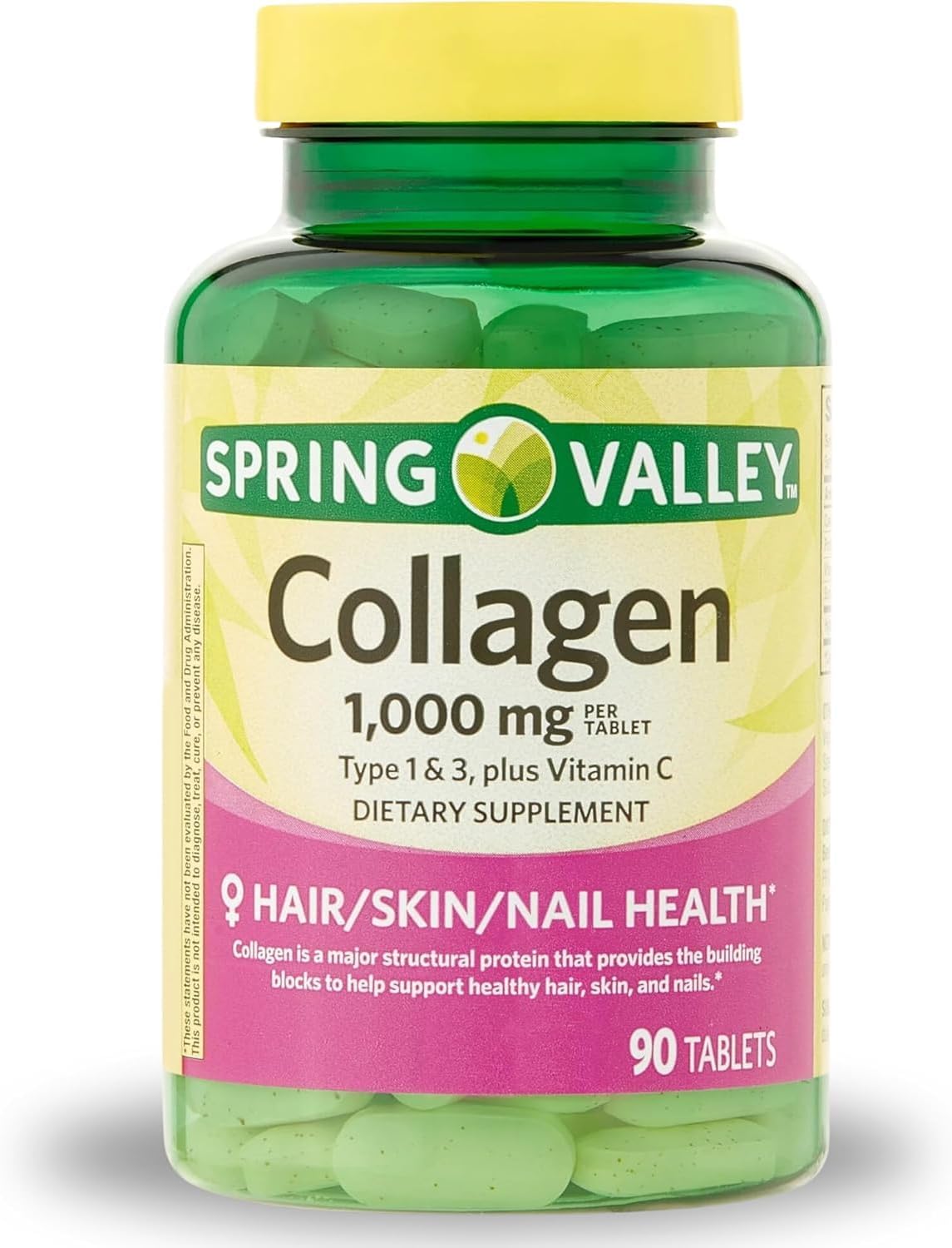 Collagen Type 1 & 3 Plus Vitamin C Hair Skin Nails Health Dietary Supplement Tablets, 1,000 mg, 90 Count by Spring Valley (Pack of 1) + VSL Sticker