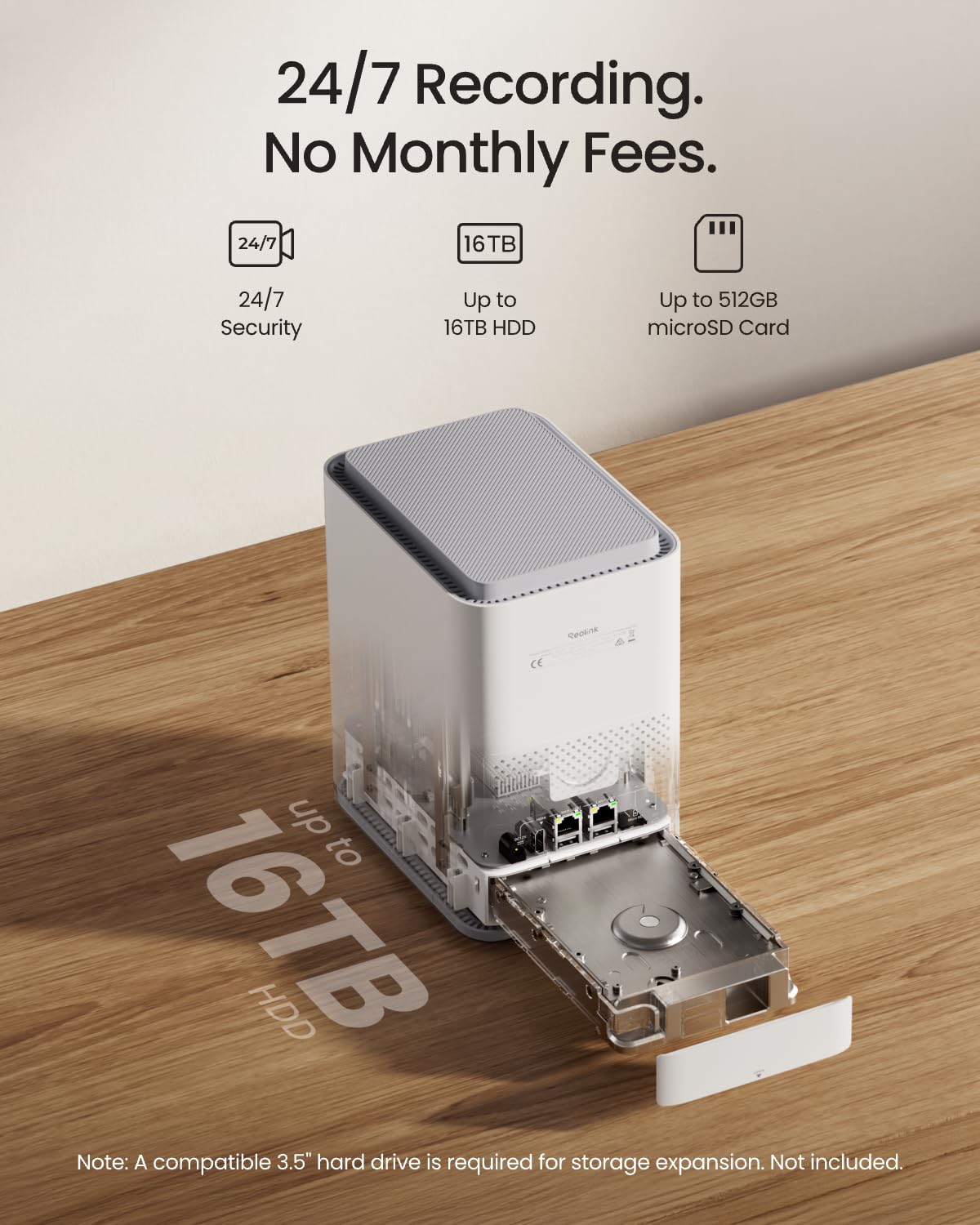 Reolink WiFi 6 Home Hub Pro – obsługa lokalnej pamięci masowej do 16 TB (dysk HDD 3,5 cala), szyfrowanie AES-128, nagrywanie całodobowe, obsługa wielu urządzeń, kompatybilność z Asystentem Google