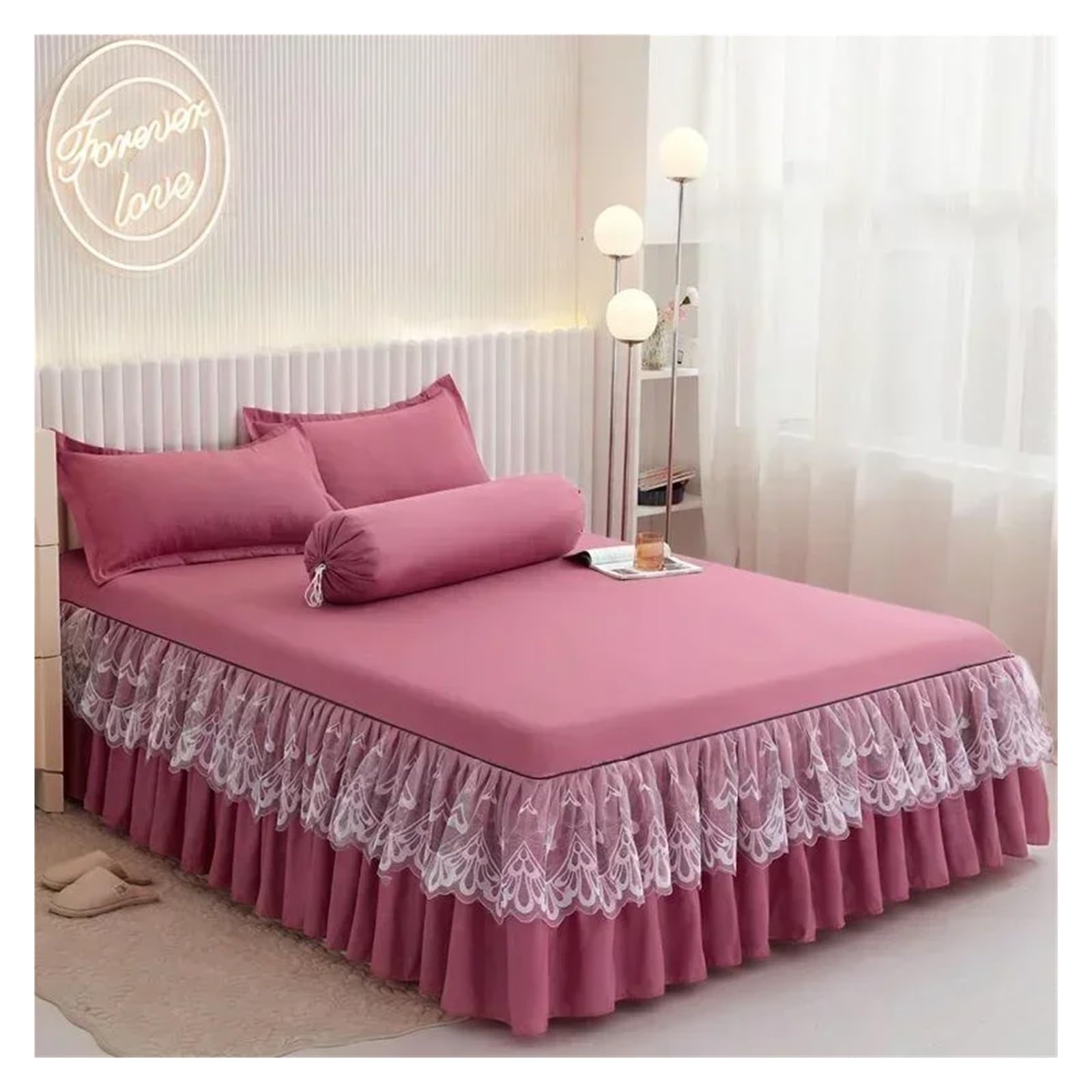 Ruffle Lace Skirt Bedspread Home Textile Solid Bed Skirt Bedroom Coverlets Bedspreads Sheets Cover Bedding(Fuchsia,King)