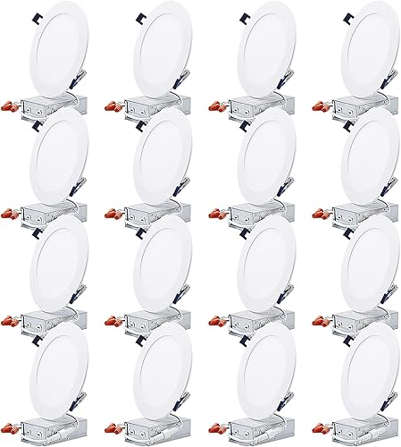 TORCHSTAR Paquete de 16 luces empotrables LED ultrafinas de 6 pulgadas con caja de conexiones, 13.5 W, 1000 lm, luz empotrable regulable, 2700 K,