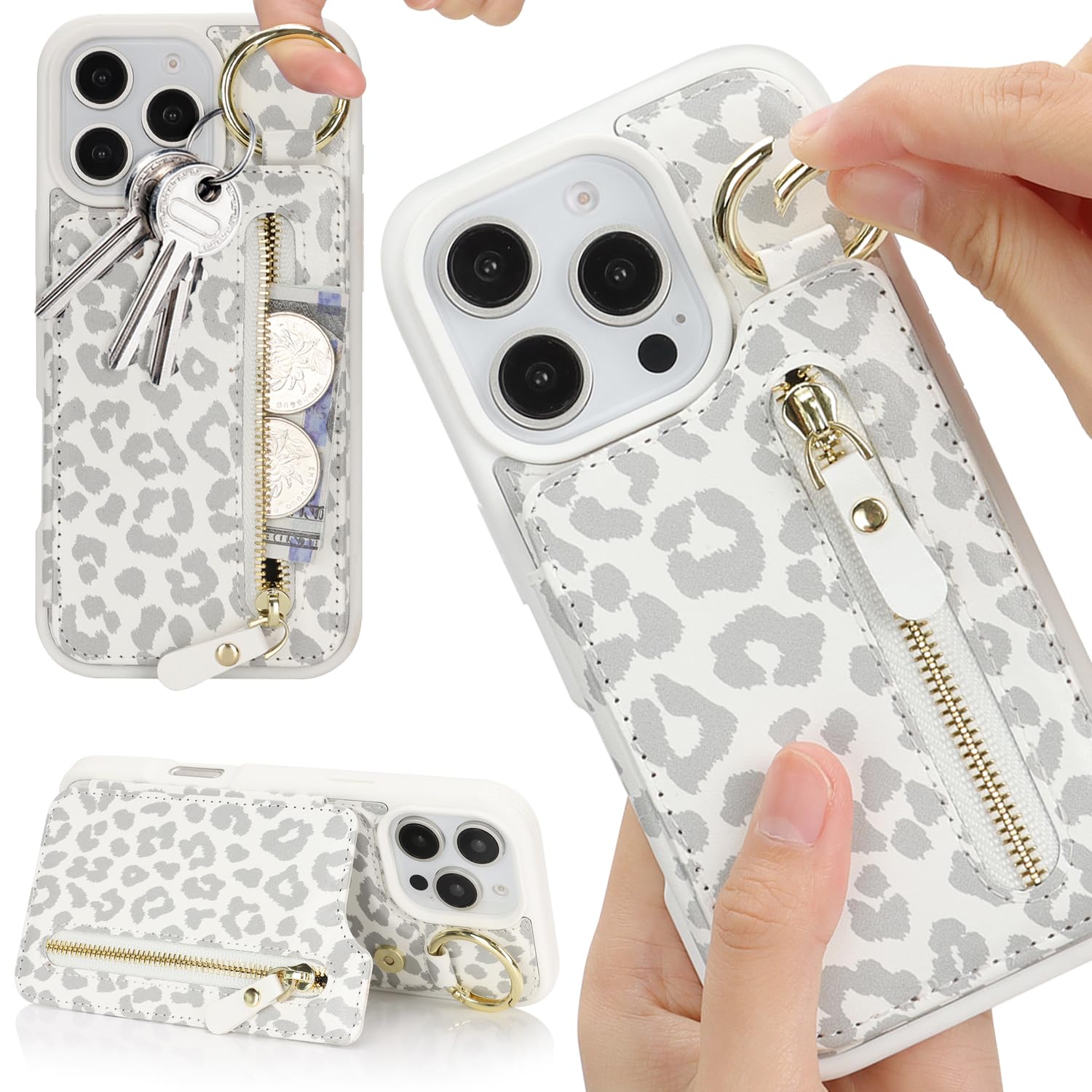 Ｈａｖａｙａ for iPhone 16 case Wallet with Card Holder for Women Men Shockproof Phone case with Keychain Ring Stand Leather Zipper Credit Card Slots-White