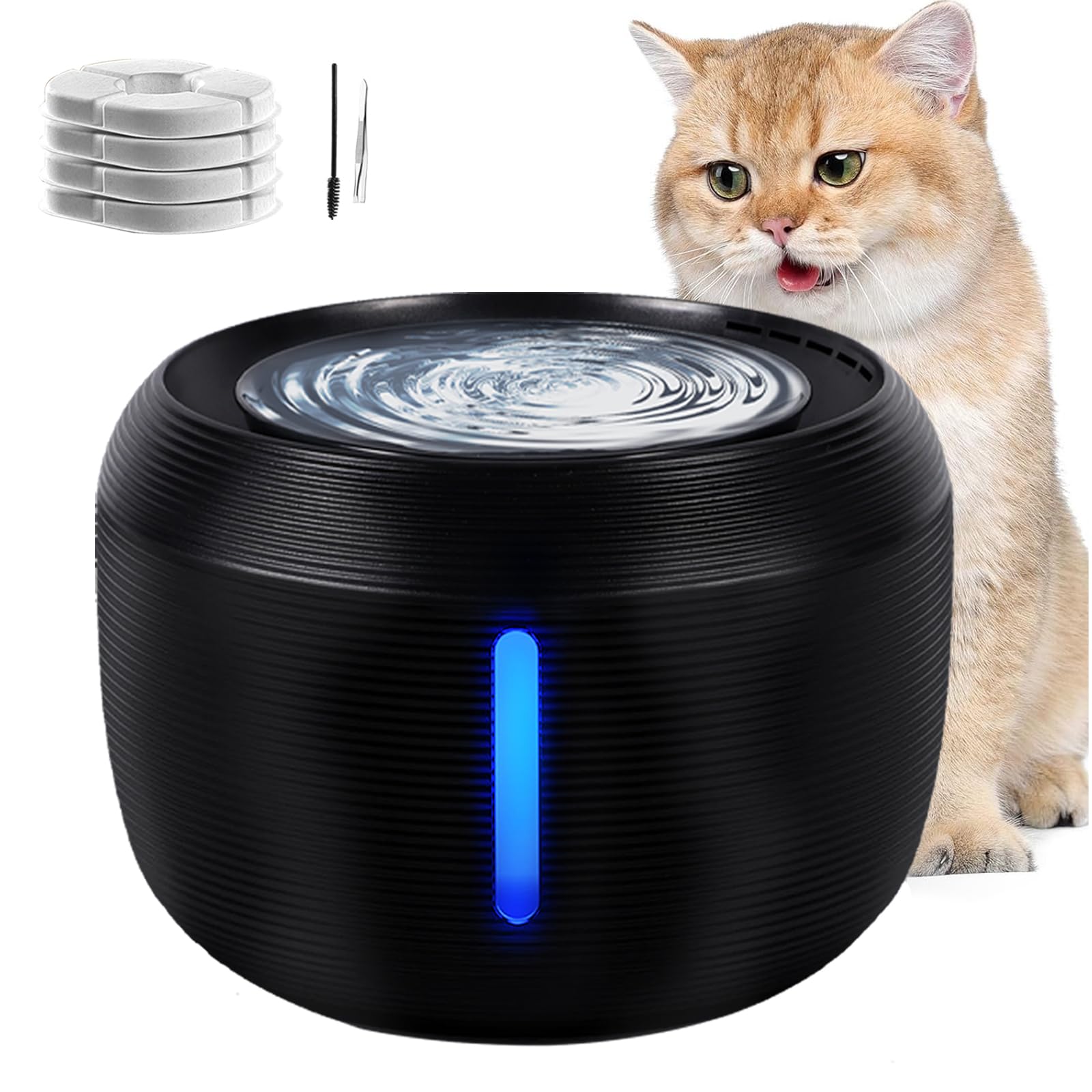 MQVXT Fuente Automática para Gatos 2.5 L,Cat Fountain,Luz LED Automática,Bebedero Ultra Silencioso,con Filtros De Carbón Activado Y Smarter Pumpe - para Múltiples Mascotas - Negro