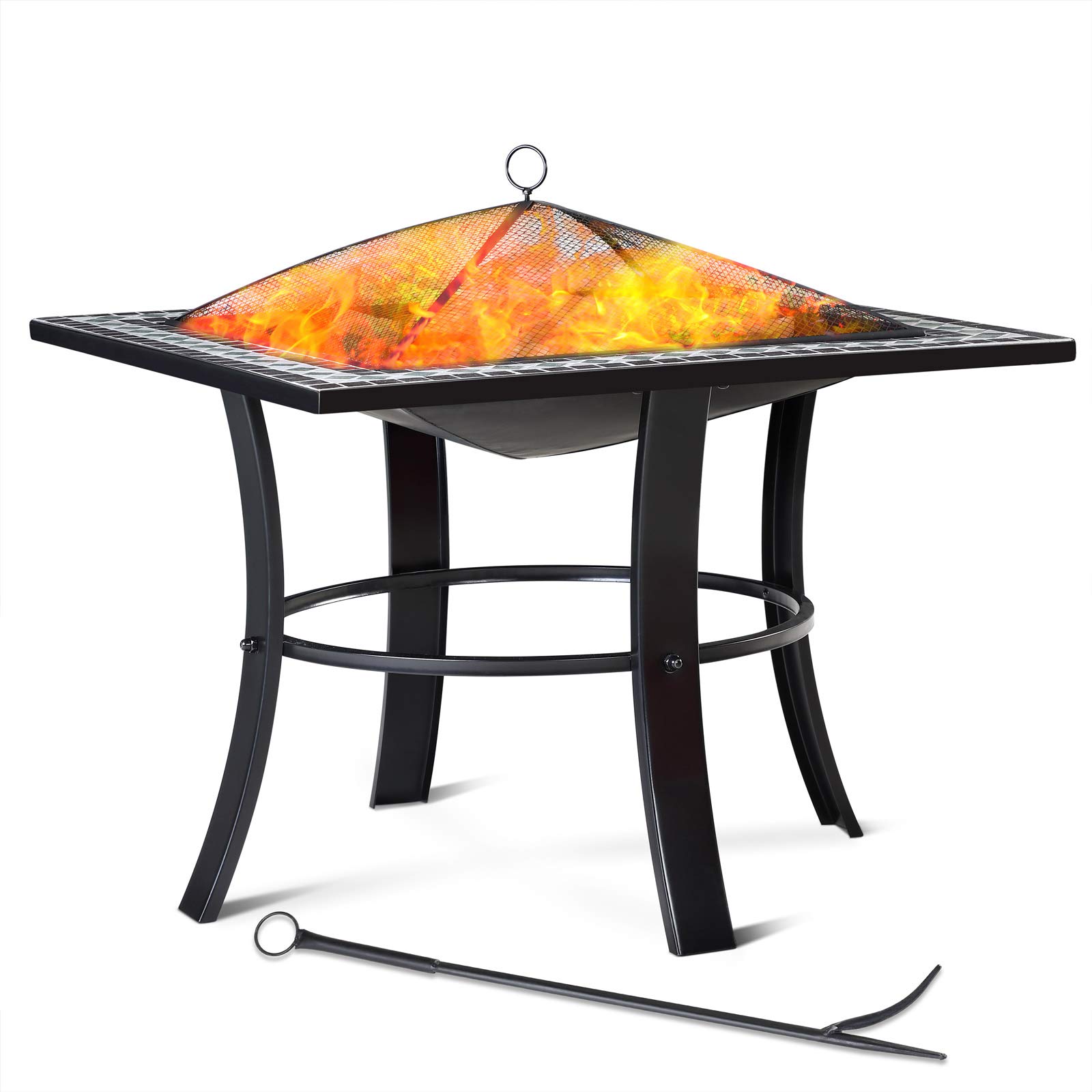 GARDEBRUK® Runedak Square Fire Pit with Mosaic Decorated Edge & Fire Guard Camping Essentials for Halloween & Bonfire Night Log Burner Incinerator Bin Portable Heater with Fire Poker & Metal Cover