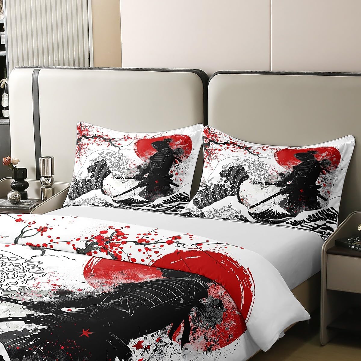 Feelyou Japanese Samurai Bedding Set Twin Size Kids Japanese Wave Comforter Cover Set for Boys Girls Teens Cherry Blossoms Home Decor 100% Cotton Duvet Cover Red Sun Pattern Bedspread Cover