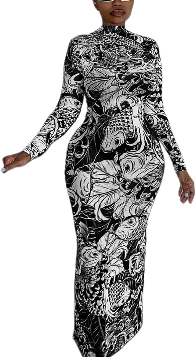 acelyn Women Sexy Mesh Maxi Dress Summer Long Sleeve Printed Ruched Bodycon Long Dress Y2K Formal Wedding Guest Dresses