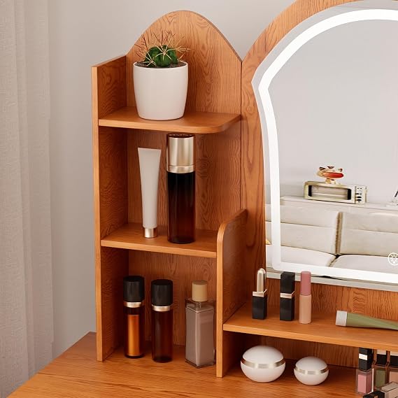 Makeup Vanity with Dimmable 3 Color Led Lighted Mirror, Vanity Desk with 4 Drawers and Open Shelves, Bedroom Makeup Desk with Stool Suitable for Small Homes Wooden Color