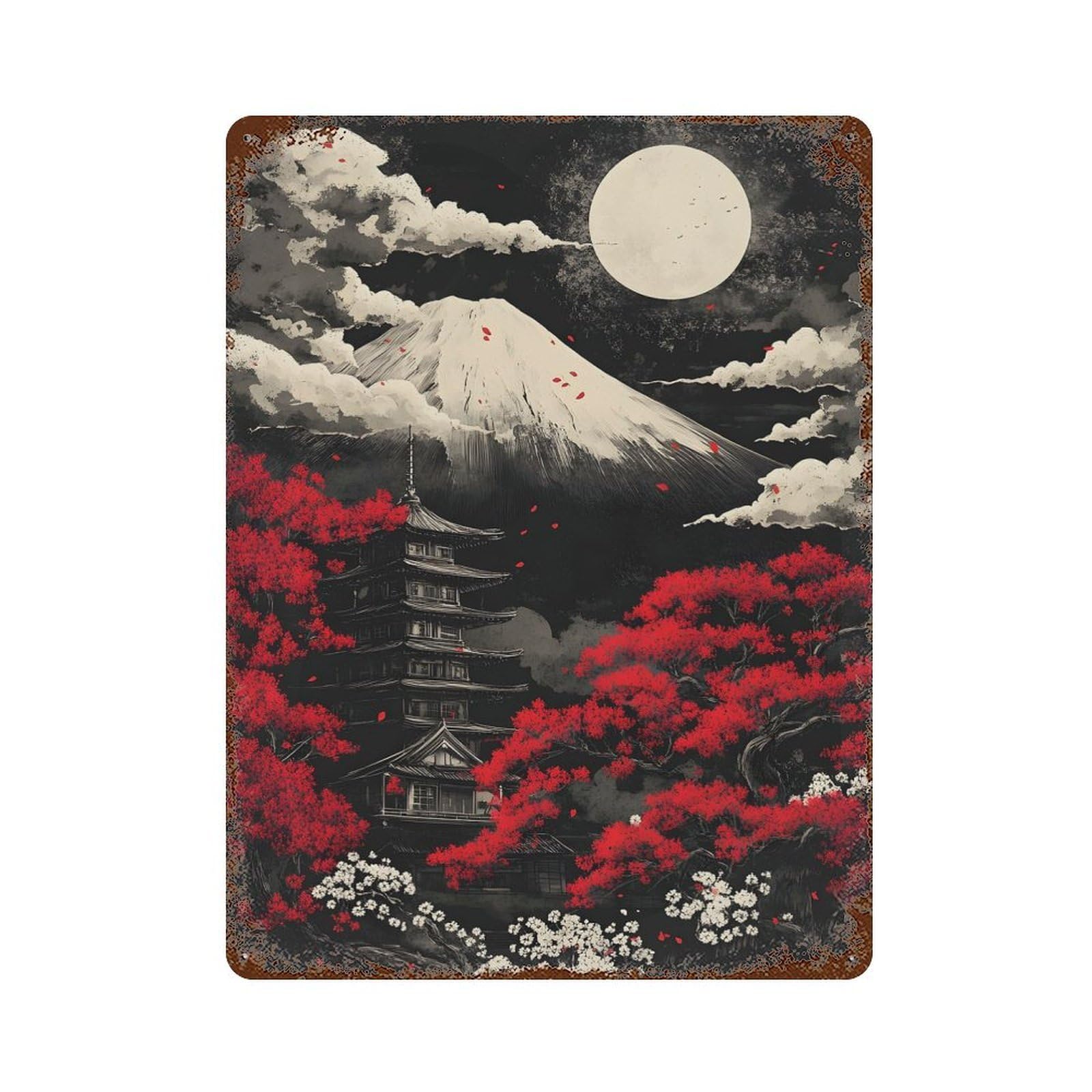 Black Mount Fuji Night Decorative Tin Sign 15.7"x11.8", for Bistro, Counter And Cafe Decor, Retro Wall Decor