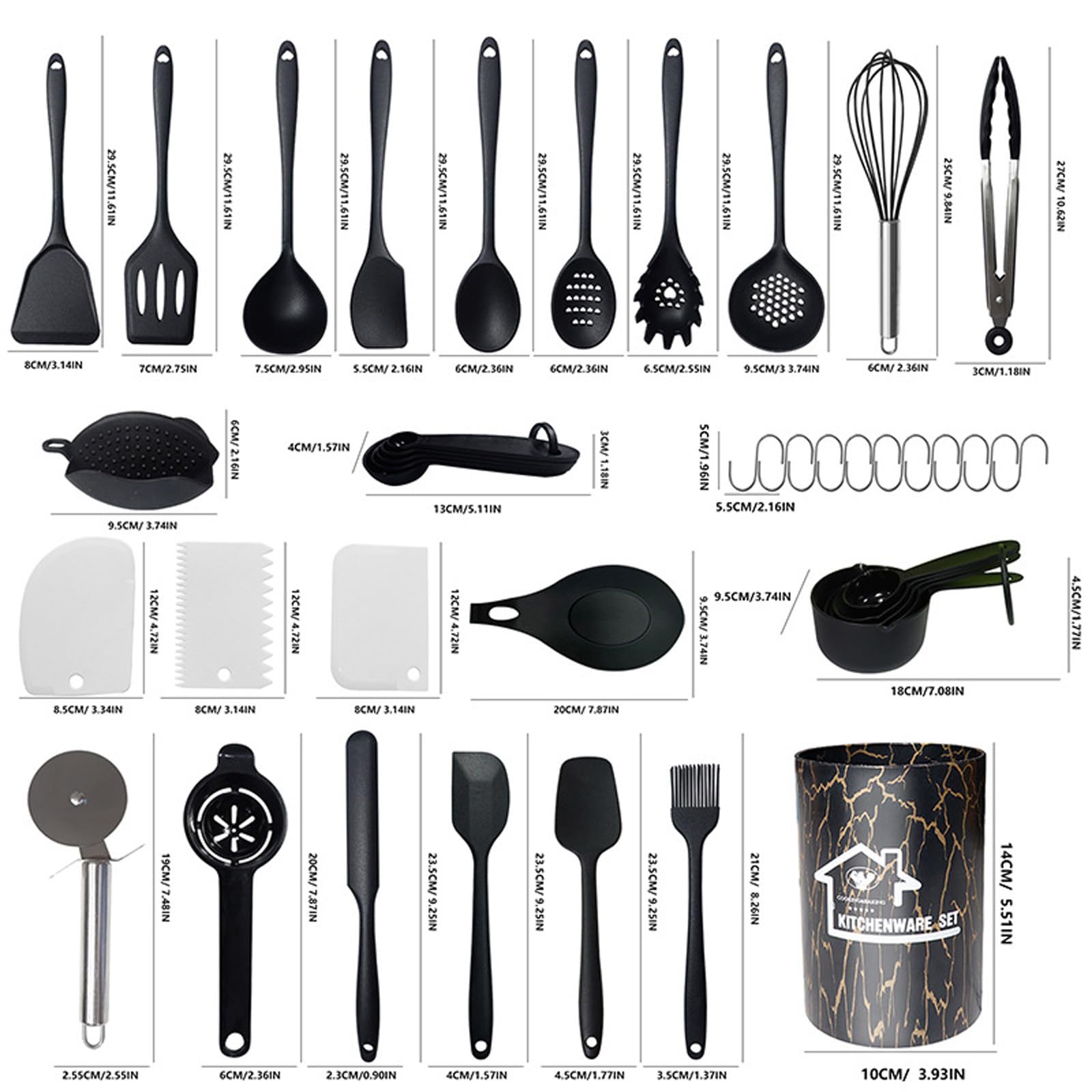 43 Stück Küchenhelfer Set,Silikon Kochutensilien Kochbesteck Set,Hitzebeständiger Kochgeschirr mit Utensilienhalter,Antihaft Kochset Küchenutensilien,Spülmaschinenfest (Schwarz)