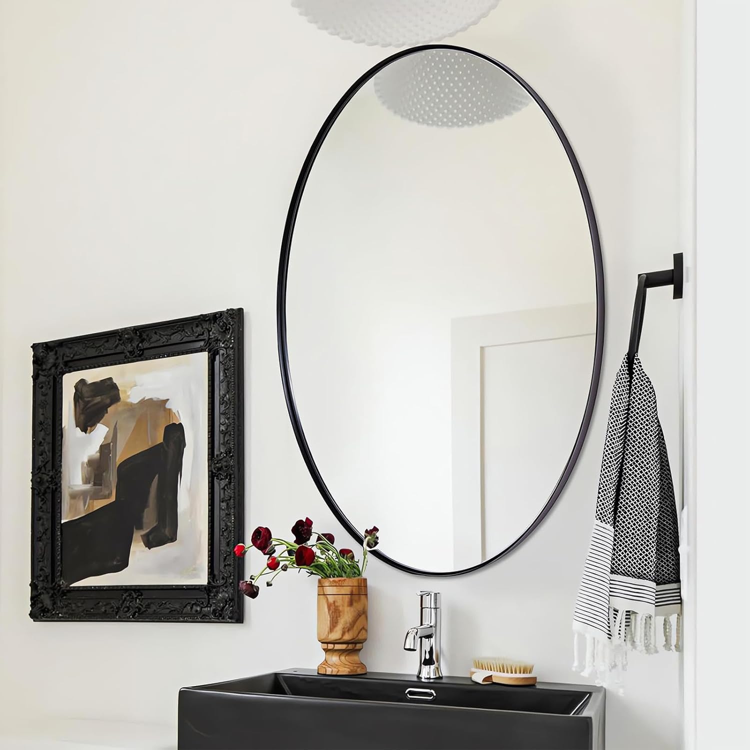 ANDY STAR Black Oval Mirror, 22x30 Oval Black Bathroom Mirror, Oval Vanity Mirror Matte Black Oval Mirrors for Bathroom Stainless Steel Metal Frame Pill Mirror Wall Mount Horizontal or Vertical Black 22" x 30"