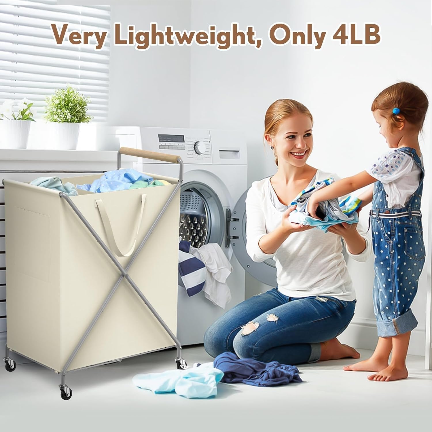Foldable Metal Laundry Basket with Wheels, 2-Section Rolling Laundry Hamper, 37 Gallons (140L), Removable Liner, Steel Frame with Wooden Handle, Cream White Cream White 140L
