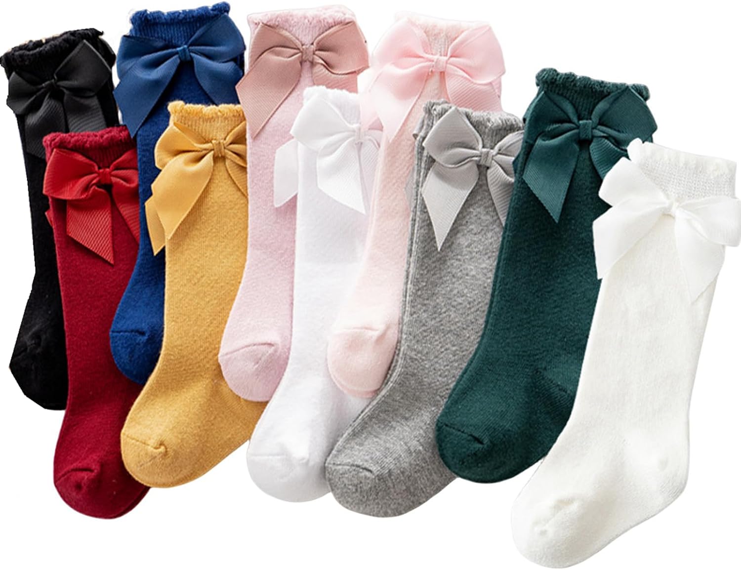 Baby Girls Knee High Socks with Bow Uniform Socks Tube Ruffled Stockings Newborn Infant Toddler 3/4/5/7/10 Pairs (US, Age, 9 Months, 18 Months, 10 Pairs)