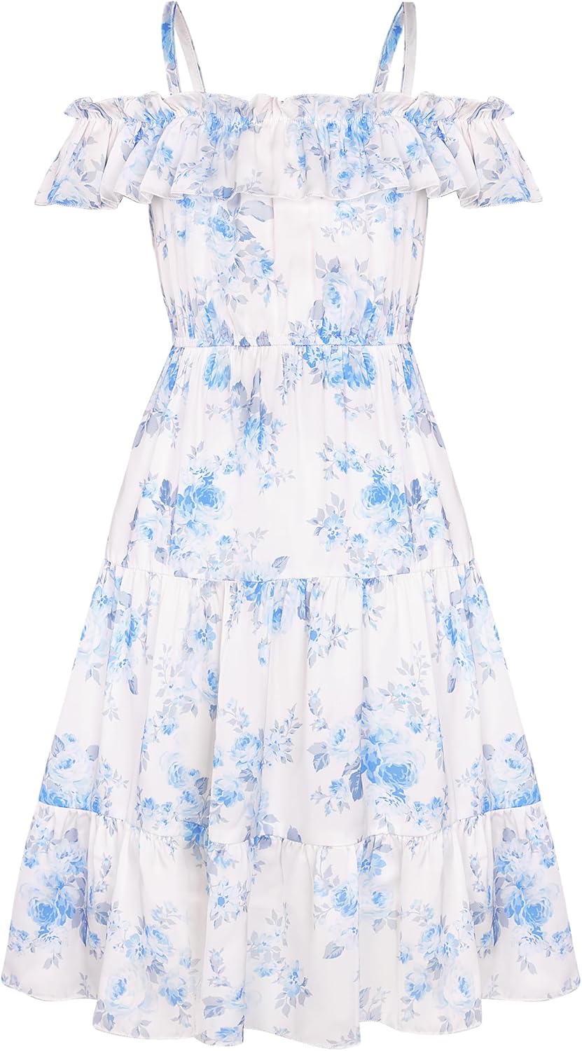 GRACE KARIN Girls Summer Dress Off Shoulder Ruffle Floral Spaghetti Strap Casual Sundress Tiered Midi Dress