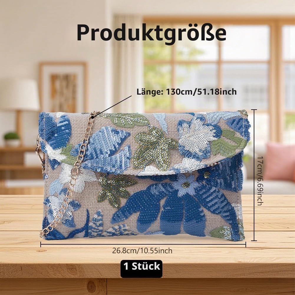 FREEBLOSS Clutch Geldbörse Für Damen Bestickte Florale Abendclutch Für Hochzeitsfeiern Bestickte Pailletten Perlen Umhängetasche Mit Goldener Kette (Musterposition Nicht Fixiert)