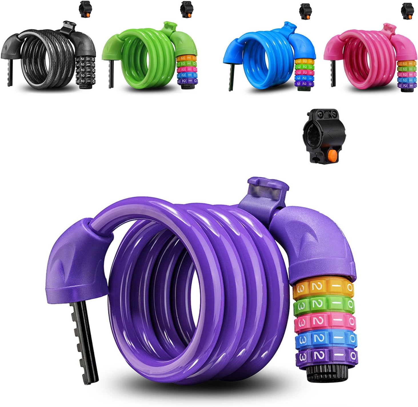 Colourful Bike Lock Combination Padlock – Security 5 Digit Cable Lock with Holder "Children Coil Cable Lock 120 cm long", Violett