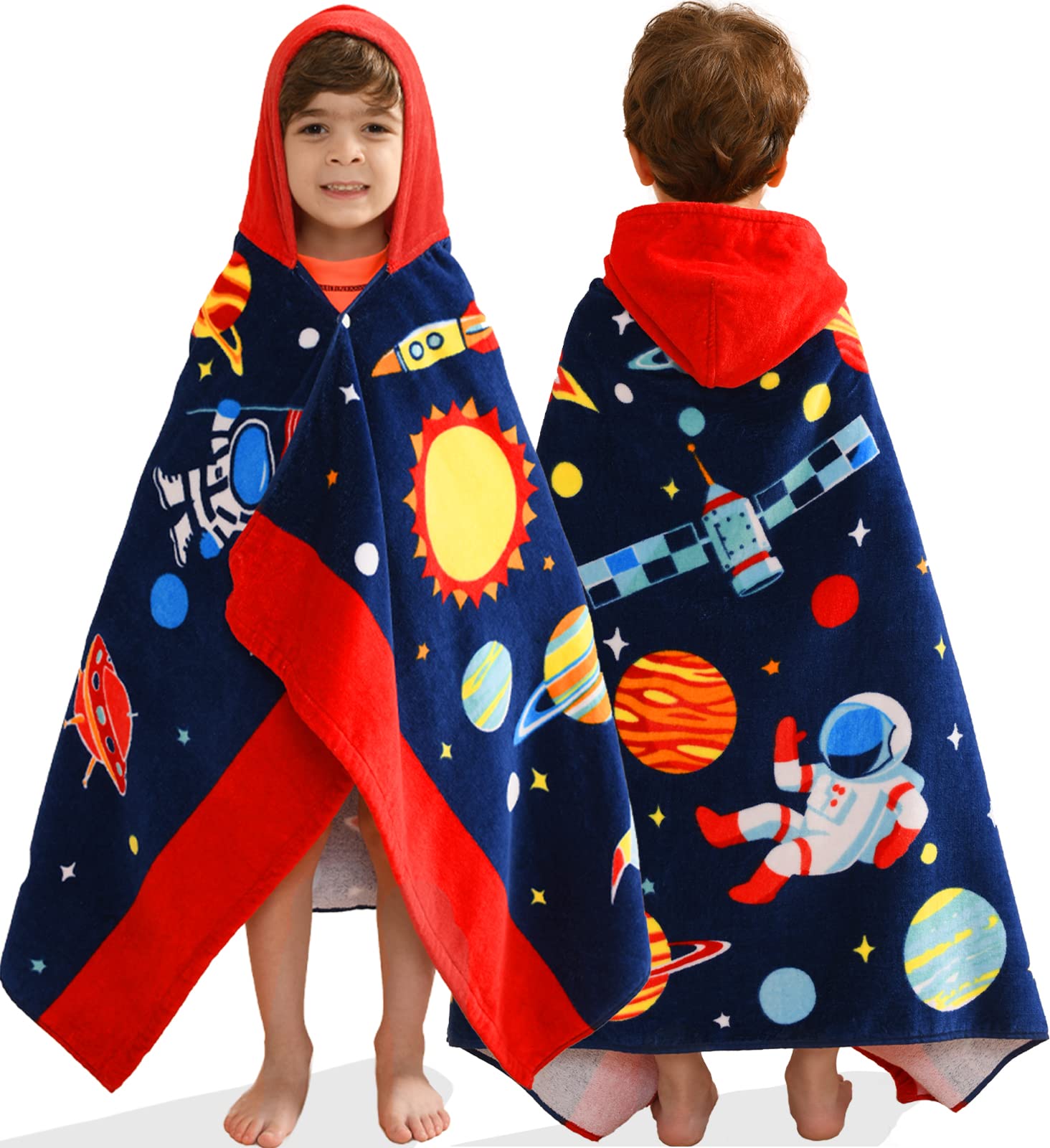VOOVA & MOVAS Kids Hooded Towels Age 3-8, 30''X50,Soft | Thick | Absorbent Cotton Beach, Bath, Pool Towel | Wrap, Oversized for Boys Girls | Space