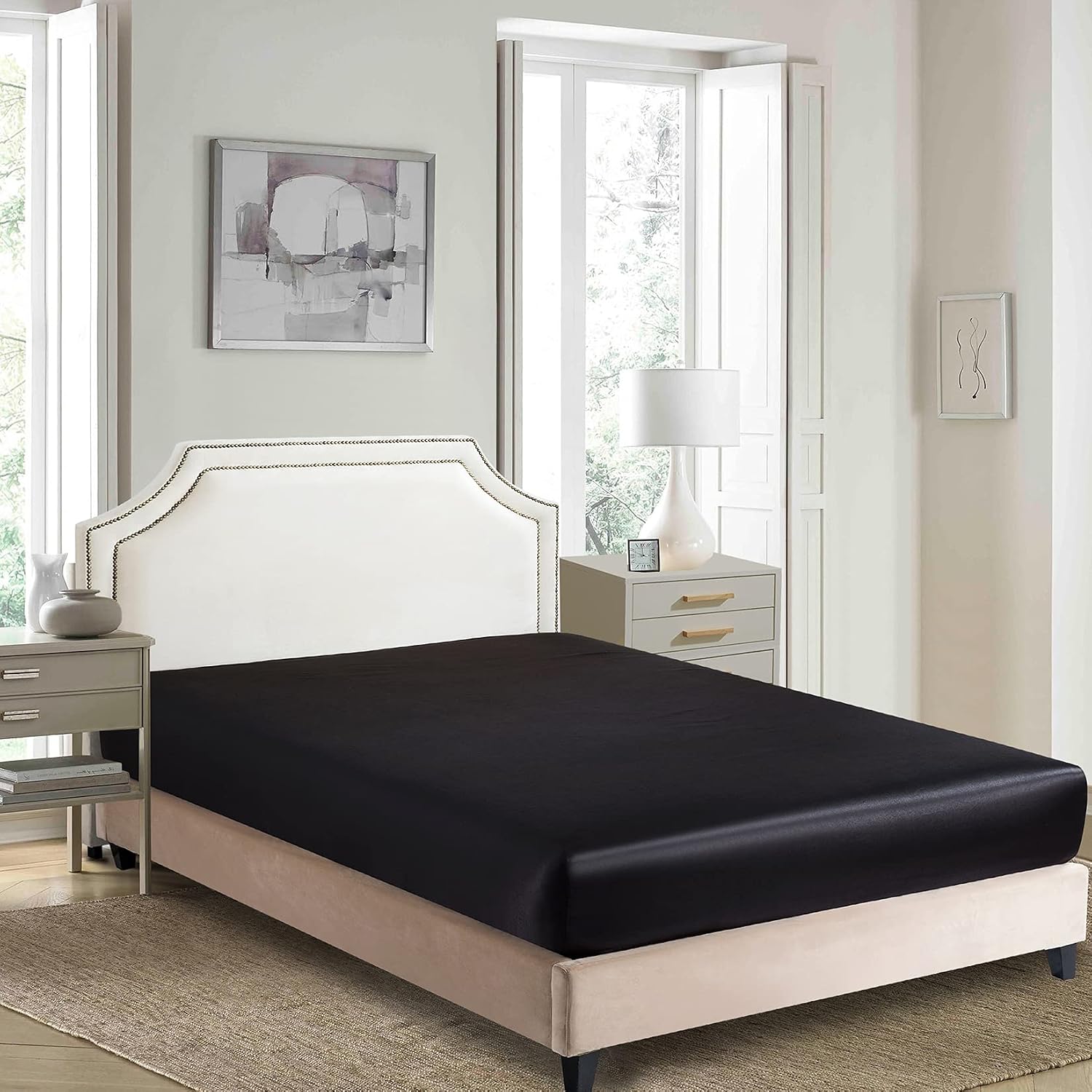 Satin Fitted Sheet, Full Fitted Sheet Only, 1 - Piece Ultra Soft Deep Pocket Single Silk Bottom Bed Sheet Full - Black