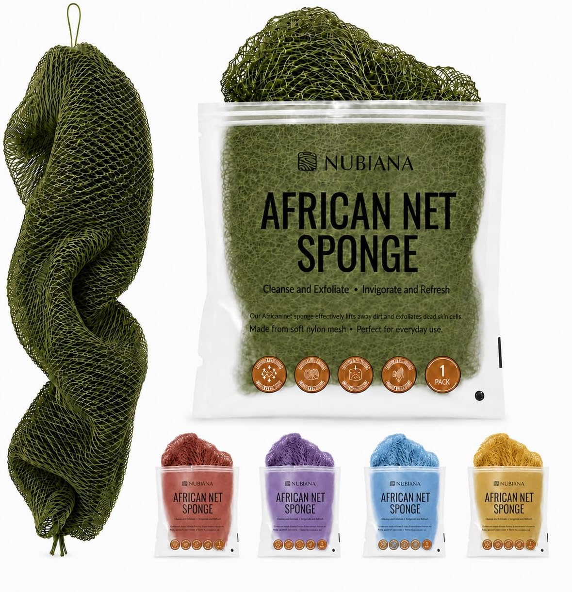 African Net Sponge Authentic with Knots, 45 Inch Handwoven Nigerian Exfoliating Body Sponge with Handles, Quick-Drying Nylon Mesh Body Scrubber, Reusable Bath Sponge (Olive Green)