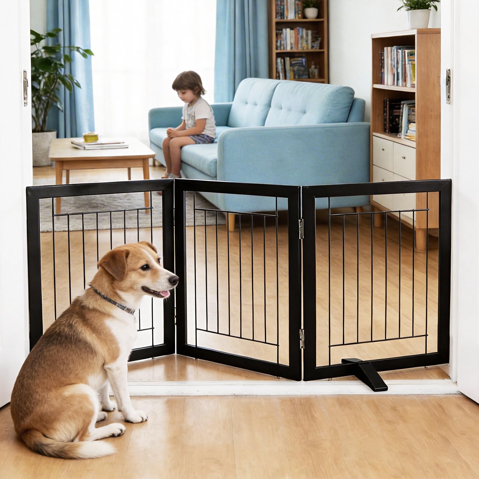 zjsf freestanding dog gate indoor, foldable dog fence for doorways,hallways or stairs, sturdy wood extra wide pet gate with support feet,black,24 "height-3 panels
