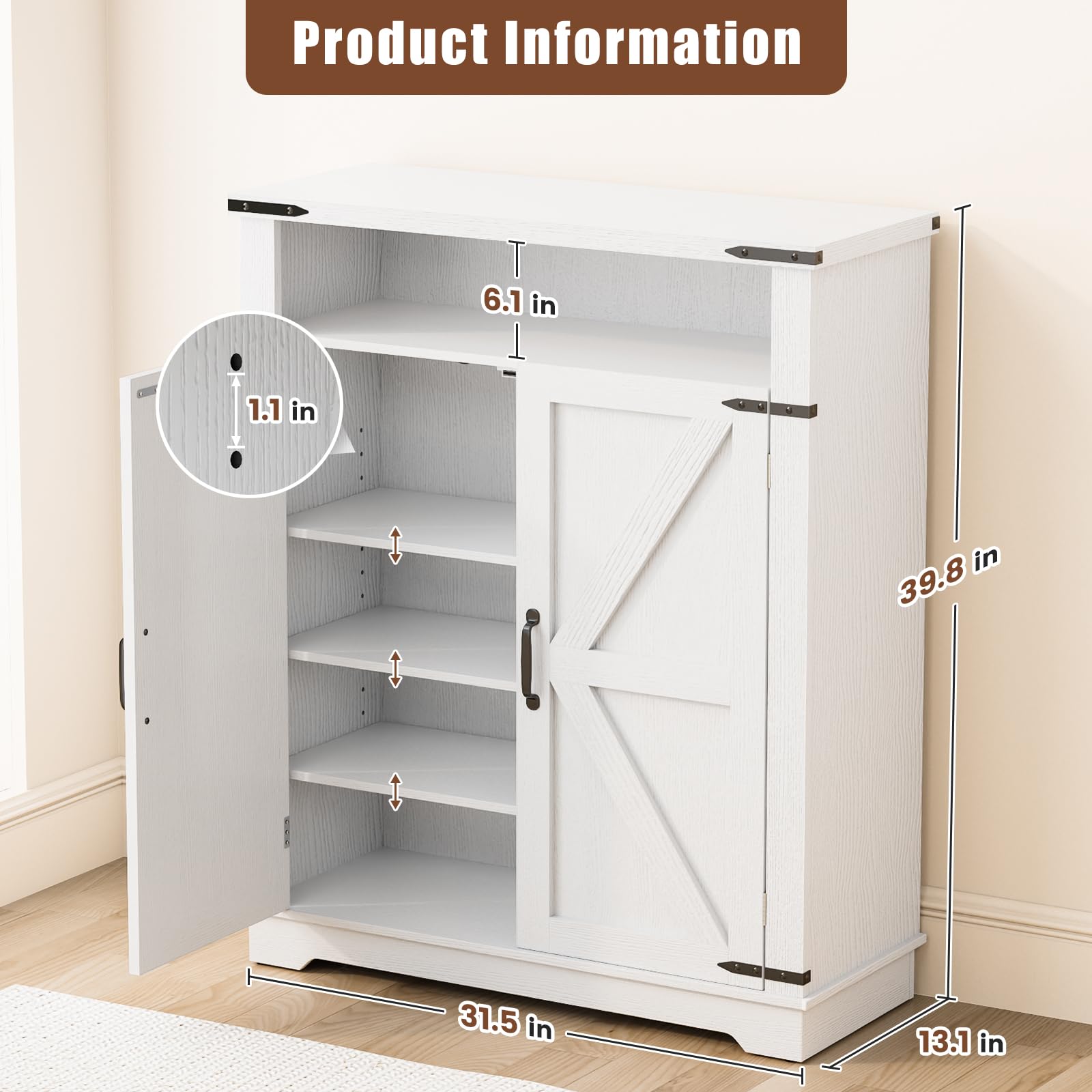 ALLSTAND 6-Tier Shoe Cabinet with Doors, Entryway Shoe Rack Shoe Storage Cabinet with Adjustable Shelves & Anti-tip Fitting, Farmhouse Shoe Cabinet Storage for Entryway, Living Room, Closet