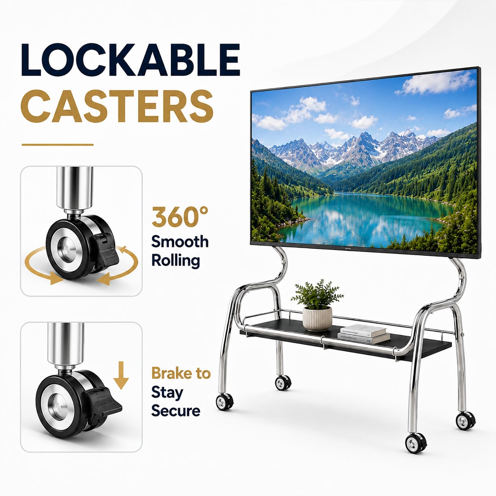 Carrello TV Mobile Portatile, Supporto TV con Ruote | Acciaio Inossidabile, Ruote con Blocco e Mensola Portaoggetti per TV da 32–75 Pollici(White,120cm/47in)