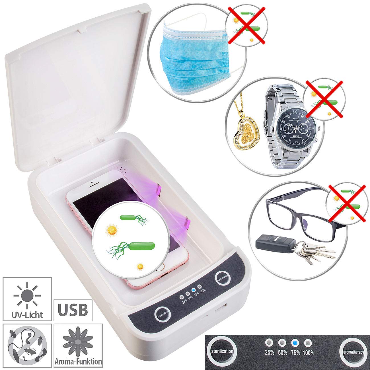 Somikon UV-Sterilisator: 2er-Set UV-Desinfektions-Boxen für Smartphone, Brille, Schlüssel usw. (Sterilisator Desinfektionbox, Desinfektionsbox, NAS)