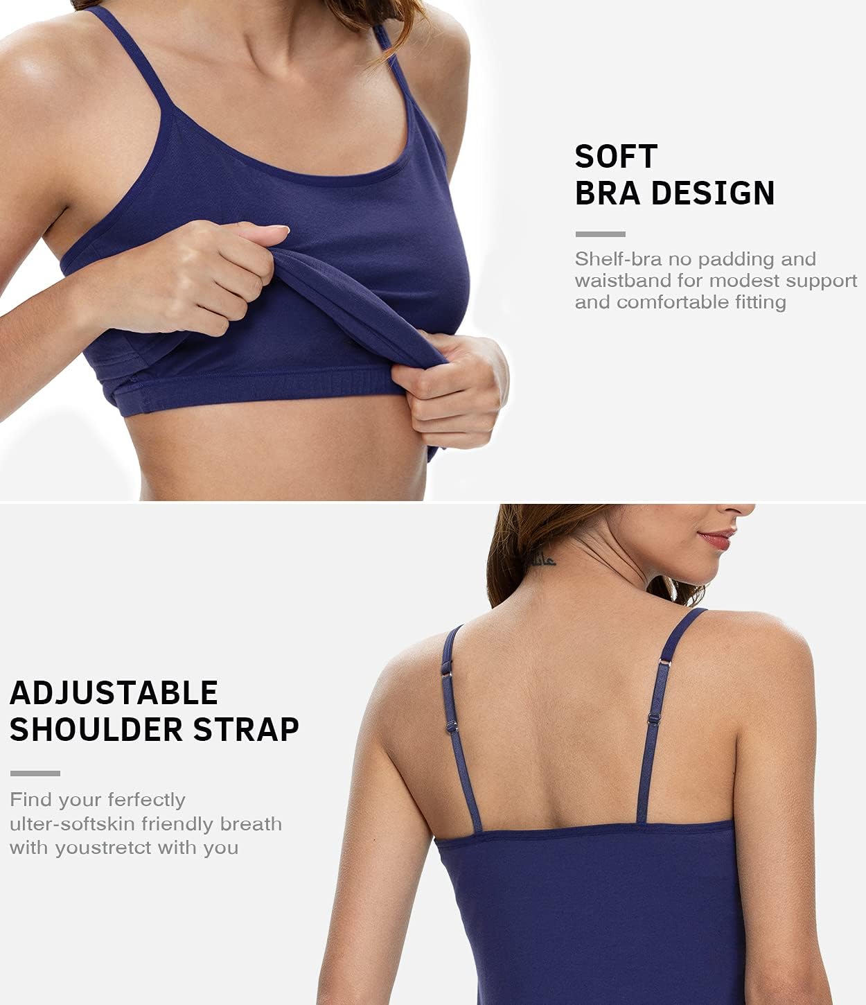Air Curvey 3 Pack Camisole Tops for Women Built in Bra Adjustable Strap Soft Cotton Undershirt Tanks Seamless Layering Tops - Image 3
