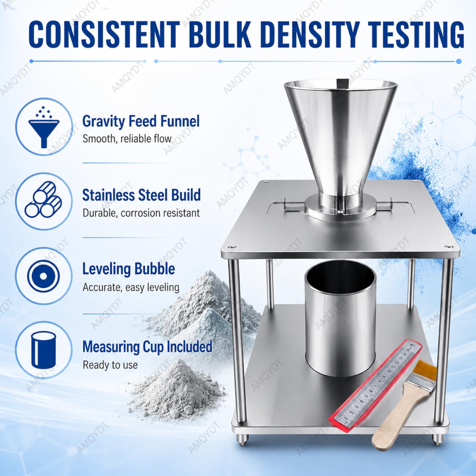 Medidor De Densidad Aparente De Polvo, Volumétrico De Acumulación Natural, Densímetro De Acero Inoxidable con Vaso Medidor De 500 Ml Y Salida De Embudo De 30 Mm para Polvos De Metal Y Aleación