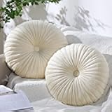 Namalu 2 Pcs Round Throw Pillow 13.8 Inch Decorative Round Velvet Floor Pillows Pumpkin Throw Pillows with Center Button for Thanksgiving Home Decor Living Room Sofa Couch Bed Chair (Cream)