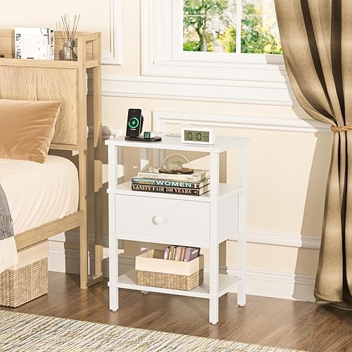 Miniatura 5 de Lerliuo Juego de 2 mesitas de noche con estación de carga y puertos USB, mesa auxiliar de almacenamiento de 3 niveles con estante para cajones,