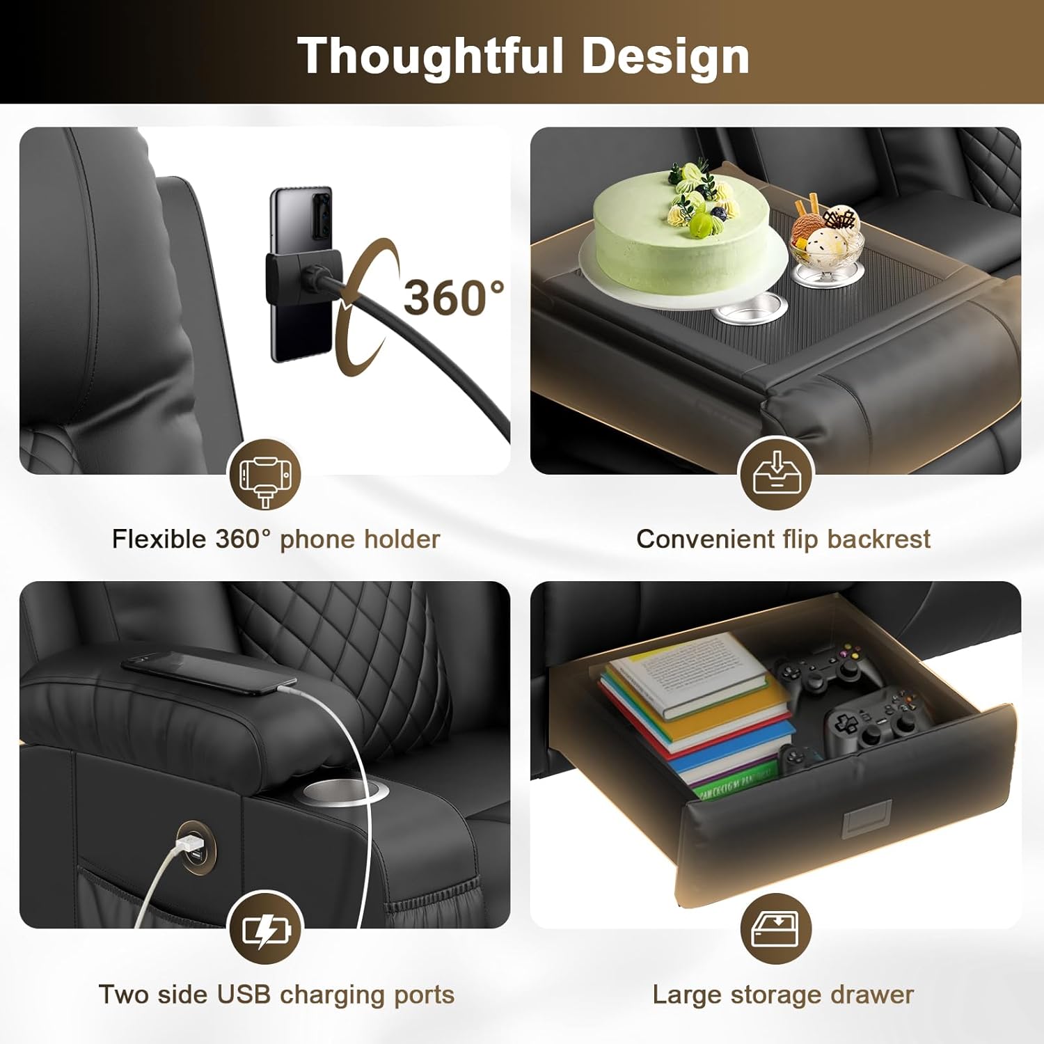 Close-up of USB charging ports and flexible phone holder