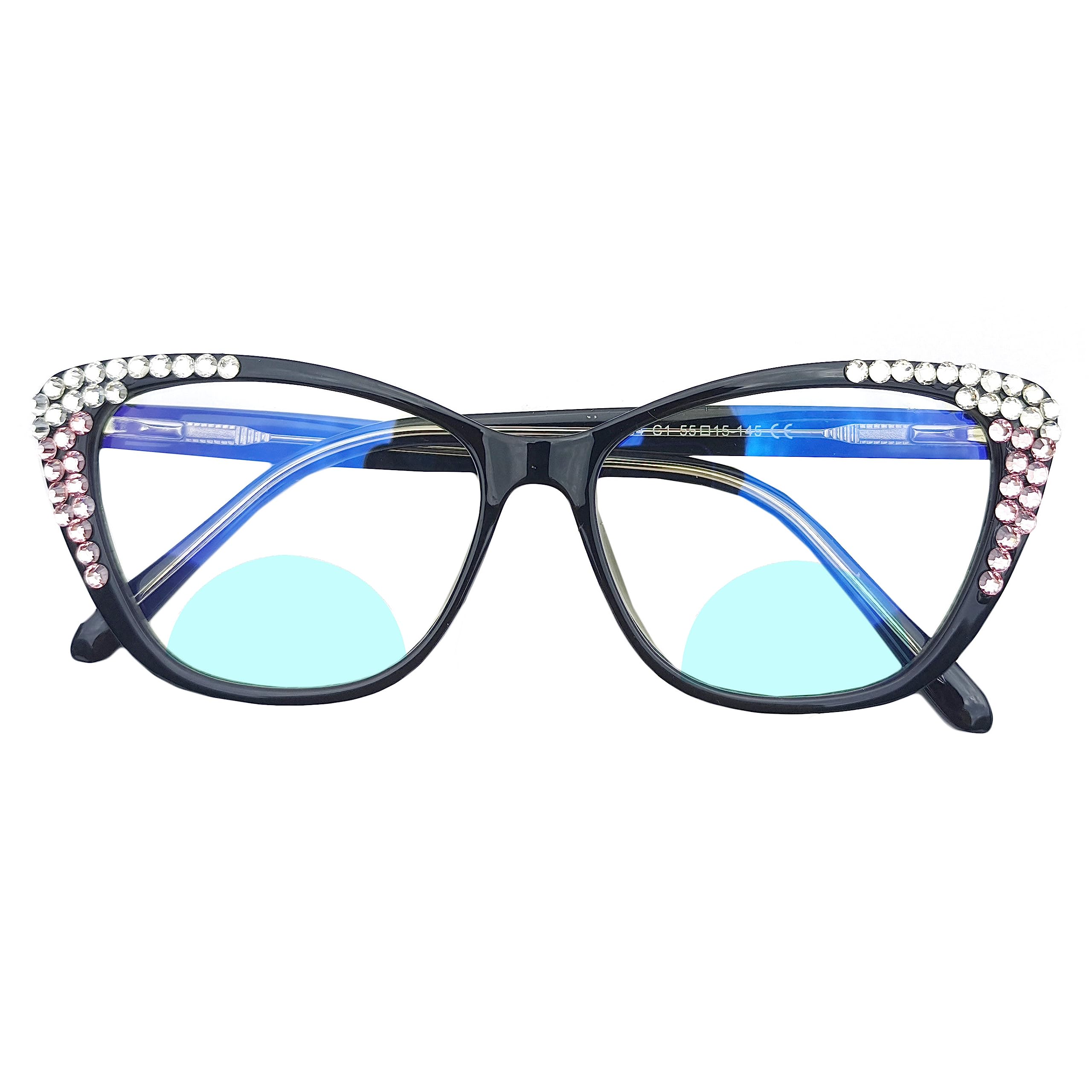 willochra TR90 Cat Eye Bifocal Reading Glasses for Women Fashion Rhinestone Blue Light Blocking Reader Glasses
