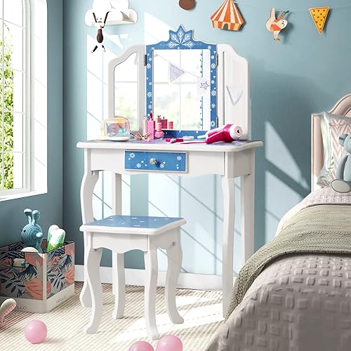 Costzon Juego de mesa de tocador y silla para niños con espejo, taburete, cajón de almacenamiento, tocador de madera de princesa para niñas