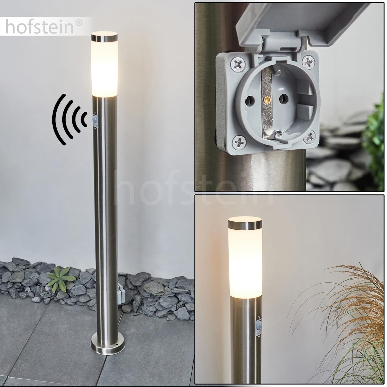 HOFSTEIN Wegeleuchte Sessa, Außenwegeleuchte mit Bewegungsmelder und Steckdose aus Metall/Kunststoff in Nickel-matt/Weiß, moderne Außenleuchte für Garten, Außenbereich, Hof, Terrasse, 110cm, E27, IP44