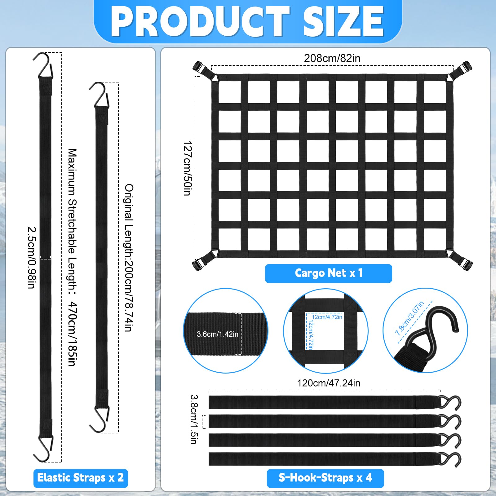 Rete per carico, 208 x 127 cm, rete per bagagliaio per pickup e camion, superficie di carico/portellone posteriore, 4 cinghie regolabili e 2 corde elastiche, con gancio a S