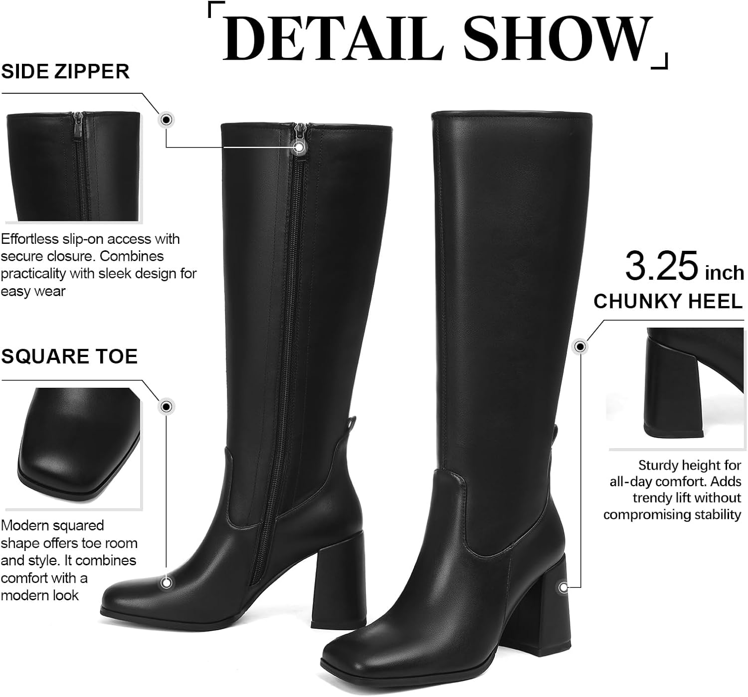 Knee High Boots for Women Square Toe Chunky Block Heel Long Boots Side Zipper Tall Boots Comfortable High Heel Boot