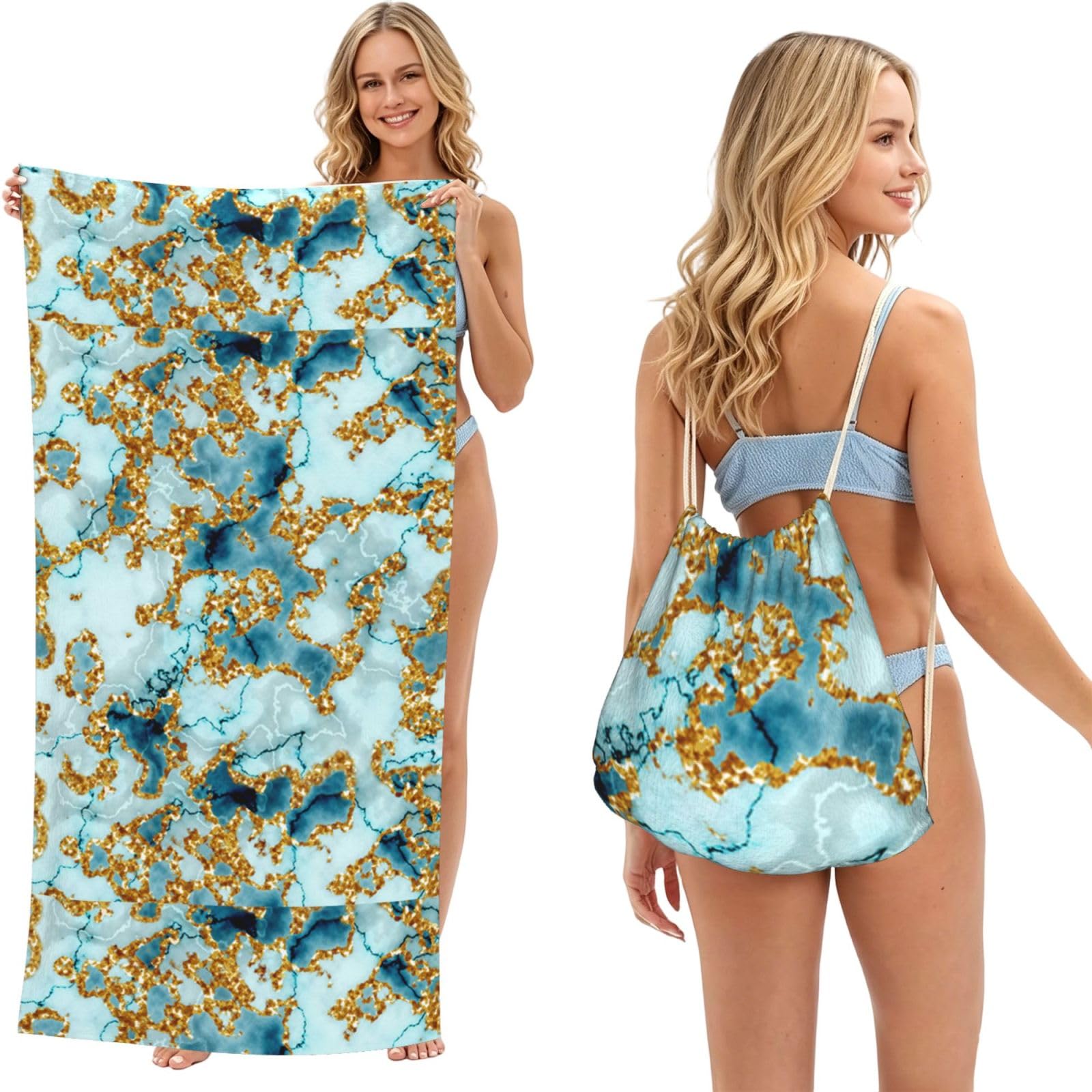 Poadnly As Picture Glitter Gold Teal Marble Textured, 2 In 1 Packable Towel Bag, Beach Towels With Drawstring Backpack For Travel Holiday Camping