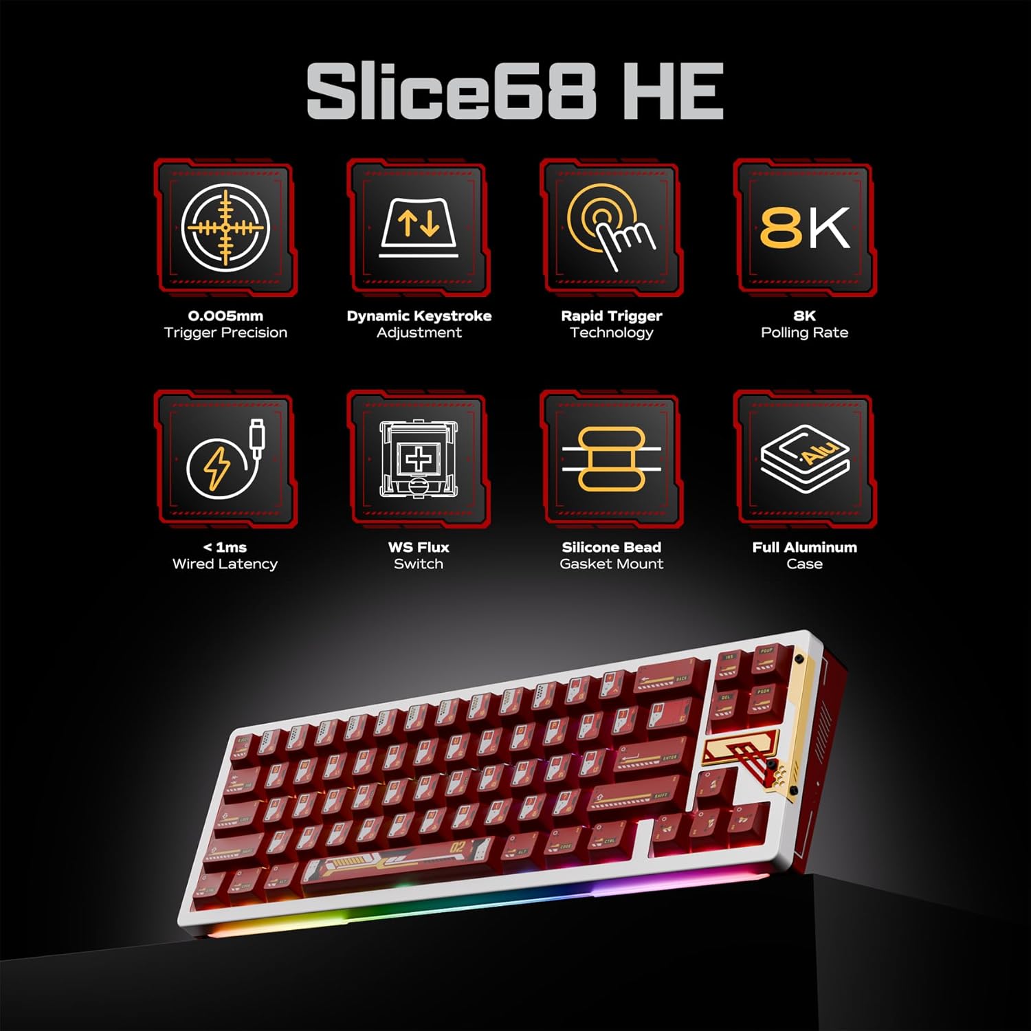OOCTPK Chilkey Slice68 HE Mechanical Keyboard Gaming Keyboard Wired, 68% Hot Swappable Custom Hall Effect Aluminum Keyboard with Flux Switch, Rapid Trigger, 8K Polling, RGB Magnetic Switch, for PC Mac