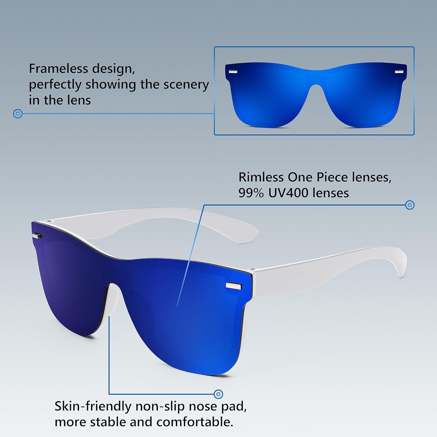FEISEDY Trendy Rimless Mirrored One Piece Lens Sunglasses Reflective Sun Glasses B4114 - Image 6