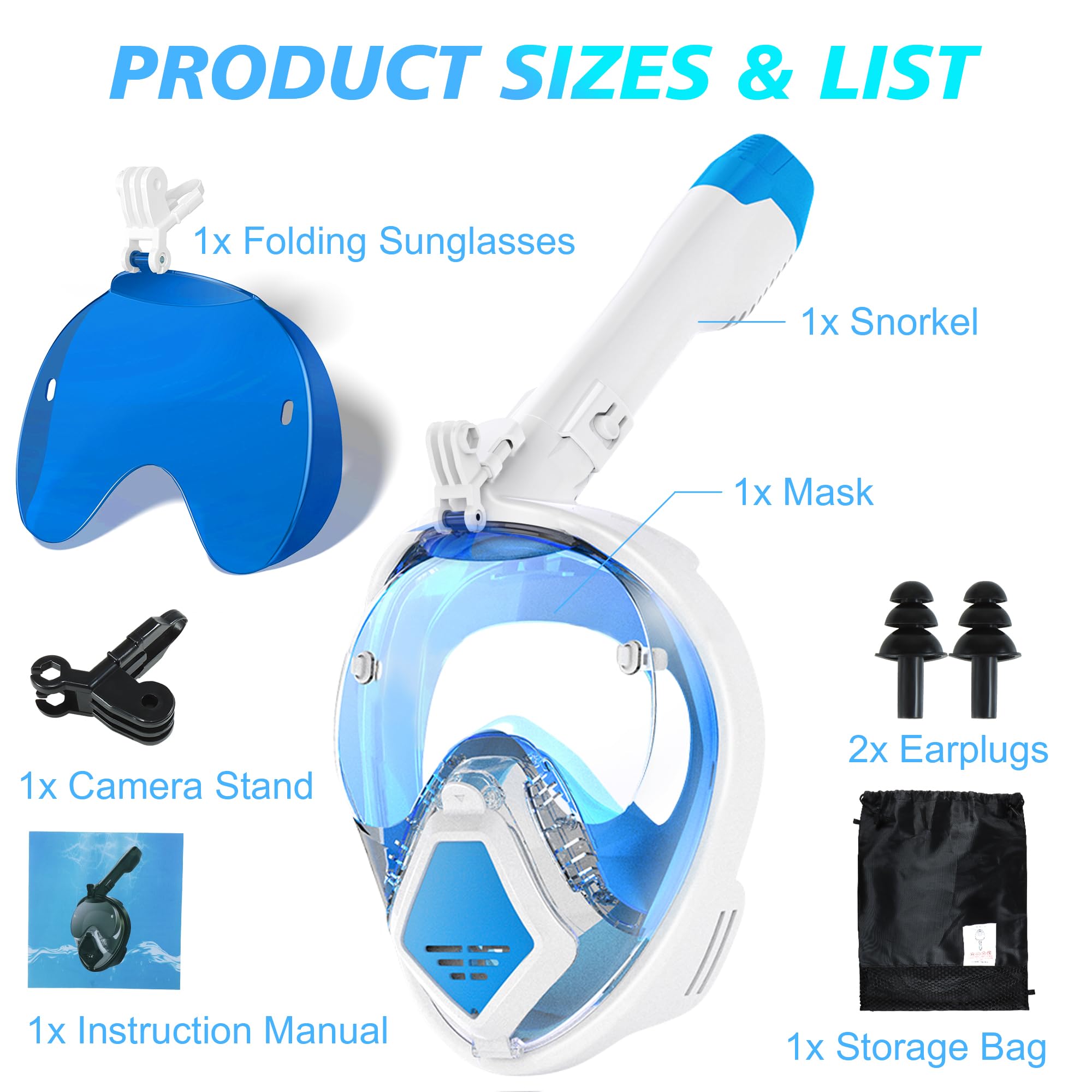 Devilfish - Máscara de esnórquel de cara completa para adultos, sistema de parte superior seca con gafas de sol plegables, equipo de esnórquel de visión panorámica de 180 grados, máscaras de
