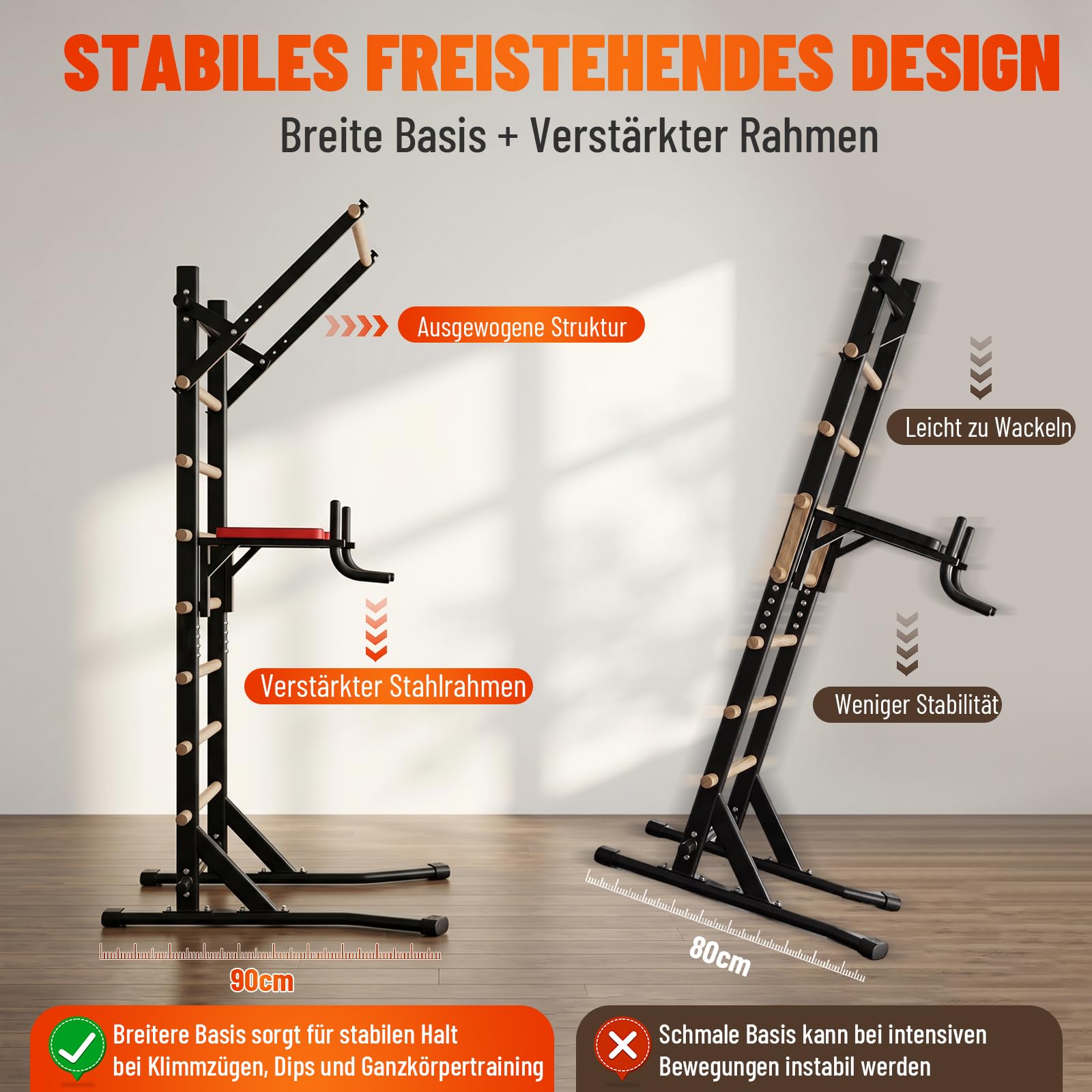 Power Tower Dip Station mit Klimmzugstange, Freistehende Sprossenwand, 150kg Tragkraft, ohne Wandmontage, Kraftstation für Zuhause und Krafttraining, 228cm