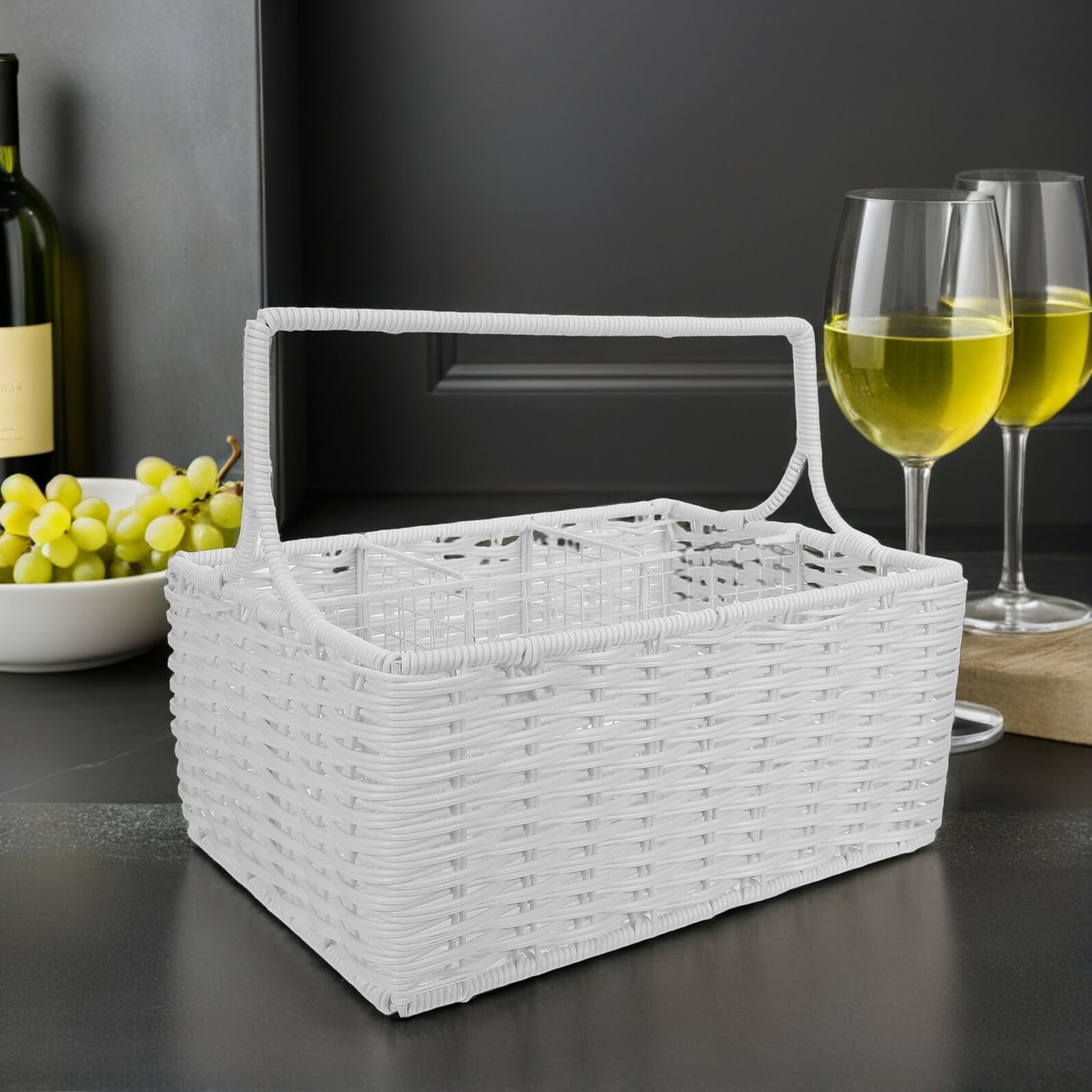 VALICLUD Cesta Tejida de Color Claro con Asa y Divisiones para Cubiertos | Plástico E Hierro, Forma Rectangular, Diseño con Varios Compartimentos, Cocina y Comedor