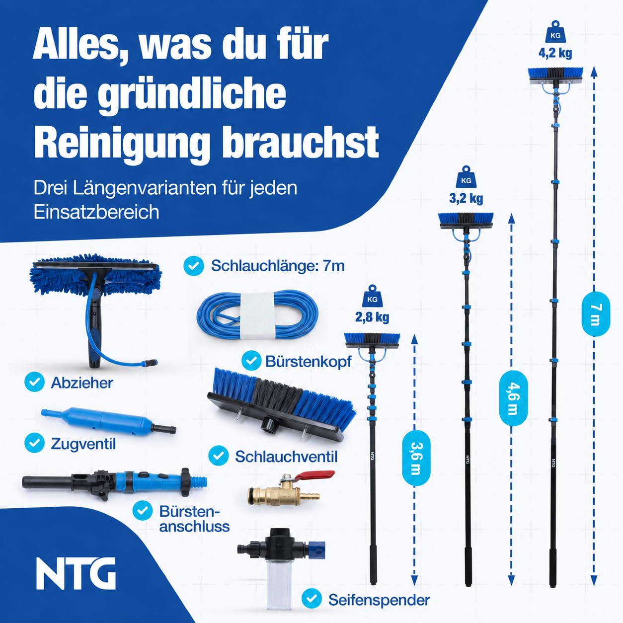 NTG Teleskop Waschbürste bis zu 7m 3-in-1 Bürstenkopf | Abzieher + Wasseranschluss | Innovation mit Zugventil |Wintergarten Reinigungsset PV Anlage Reinigung (7 M)