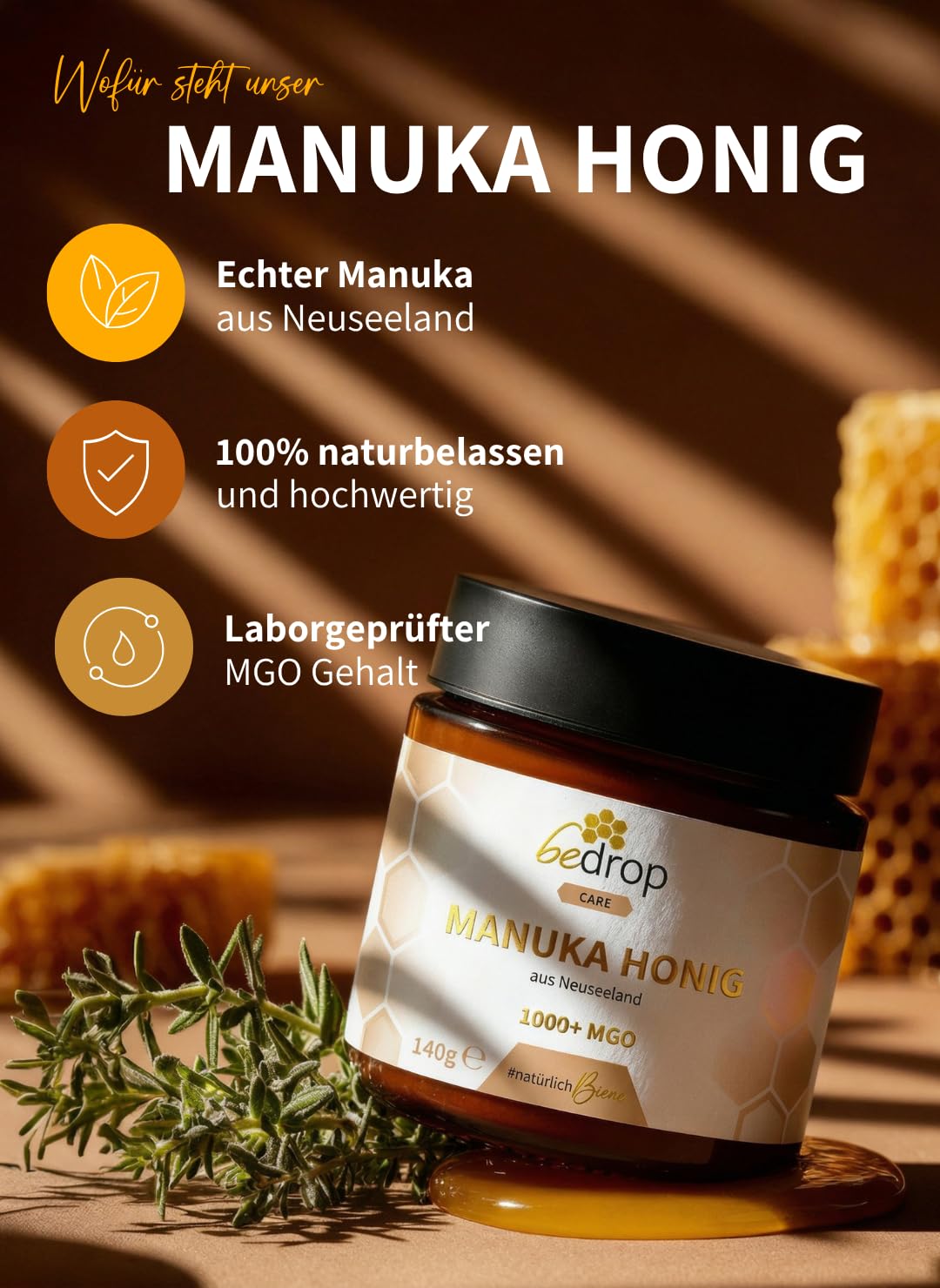 bedrop Manuka Honig mit MGO 1000+ 140g XXL Glas aus Neuseeland | 100% Premium Manukahonig I Zertifizierter MGO Gehalt I lichtgeschützter Glastiegel