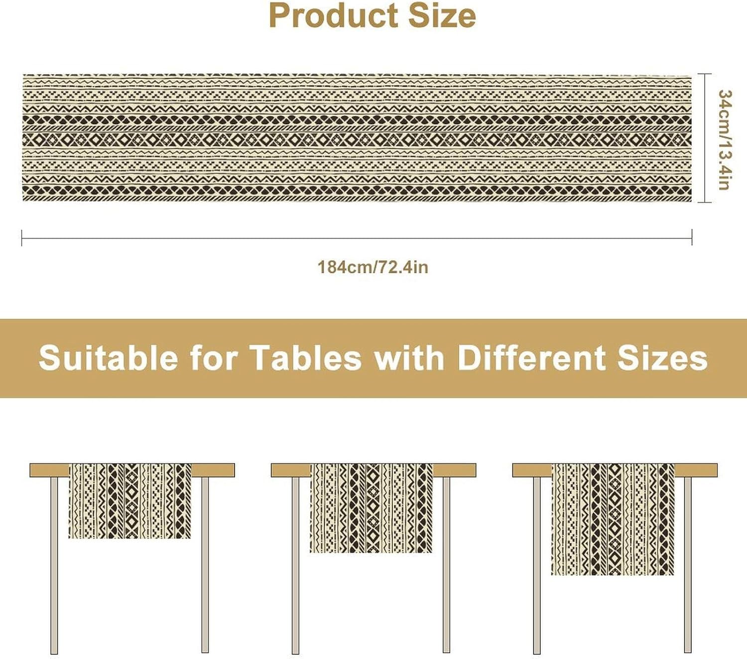 African Mud Cloth Table Runner, Traditional Africa Ethnic Tribe Black White Beige Aztec Geometric Pattern Kitchen Dinning Table Runner for Indoor Outdoor Home Party Holiday Decor, 13x108 Inch
