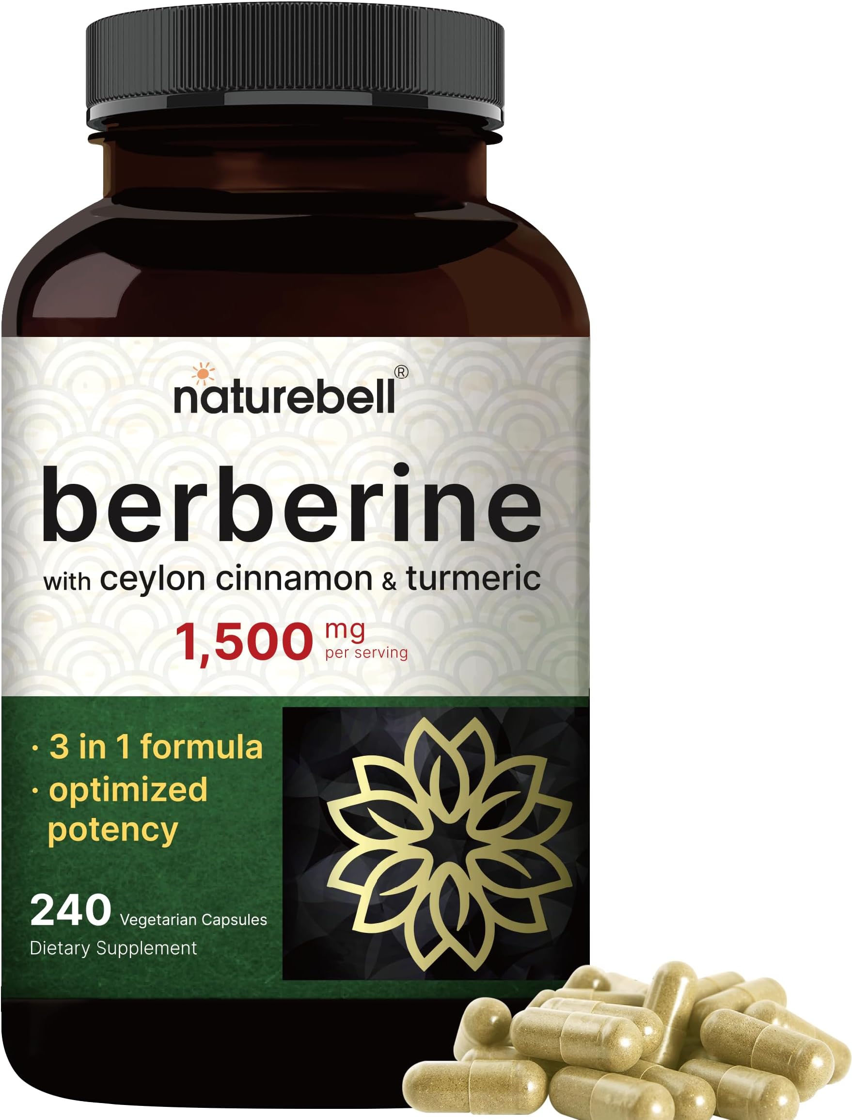 NatureBell Berberine Supplement 1,500mg with Ceylon Cinnamon & Turmeric Root, 240 Veggie Capsules | 97% Pure Berberine HCL | Supports Balanced Sugar Levels & Heart Health | Vegan, Non-GMO